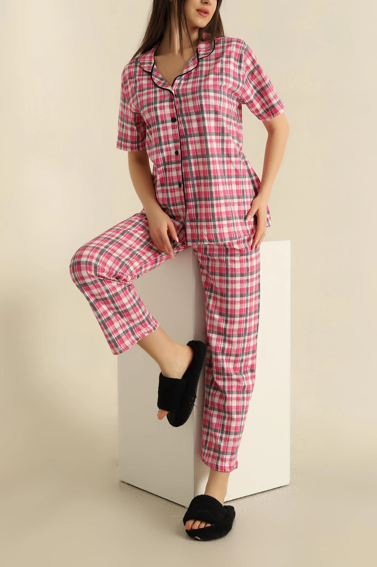 Fuşya Düğmeli Desenli Bayan Pijama Takımı 258531