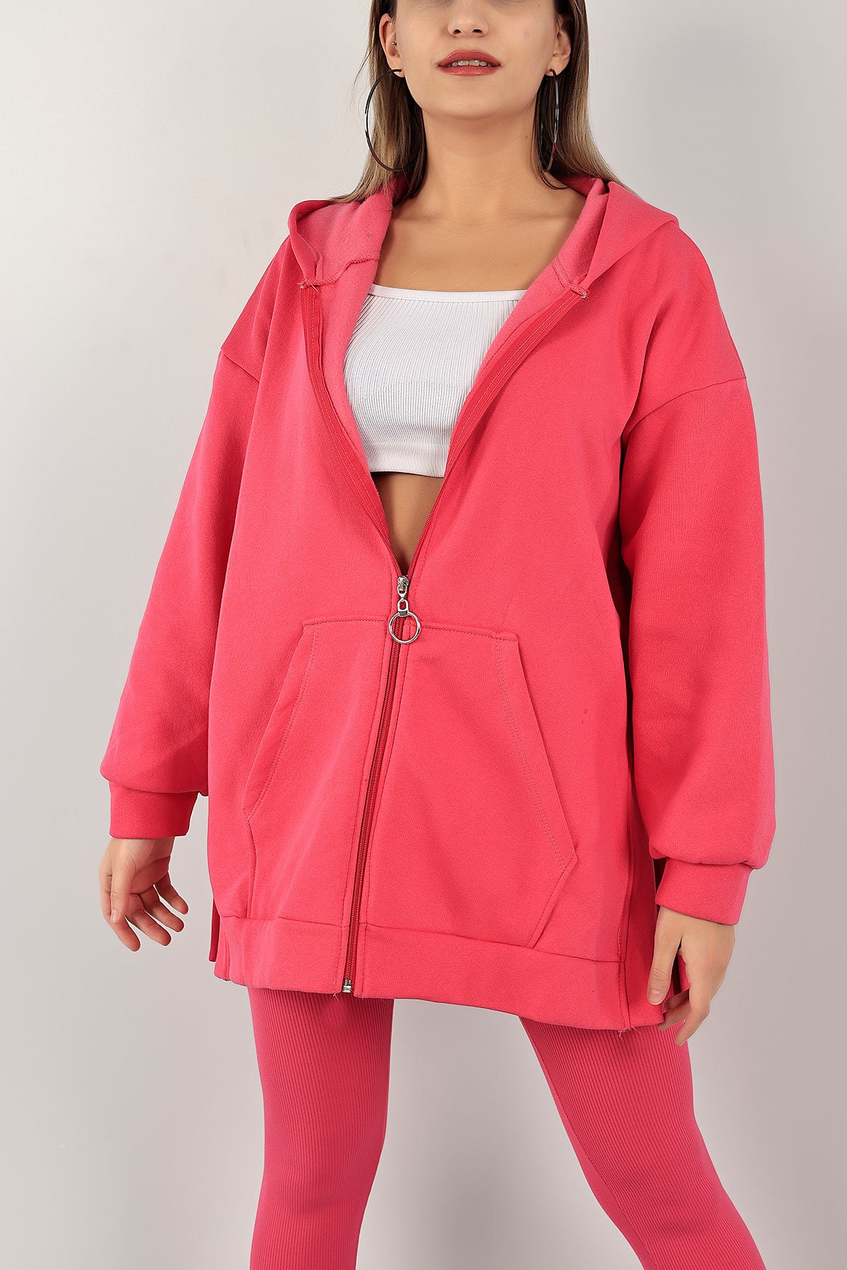 Fuşya Fermuarlı Üç İp Şardonlu Sweat 143392