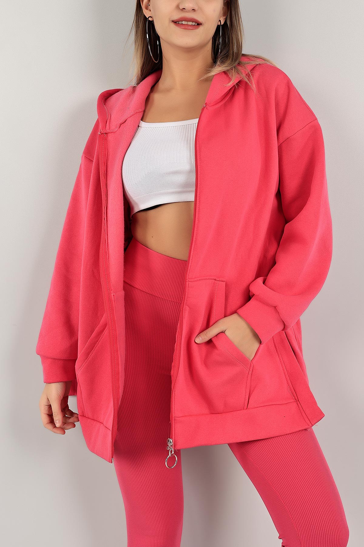 Fuşya Fermuarlı Üç İp Şardonlu Sweat 143392