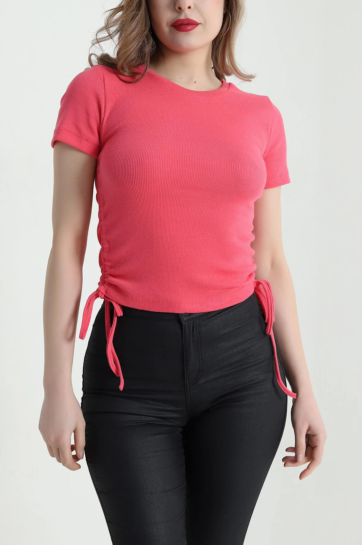 Fuşya Fitilli Yanı Büzgülü Kadın Bluz 442302
