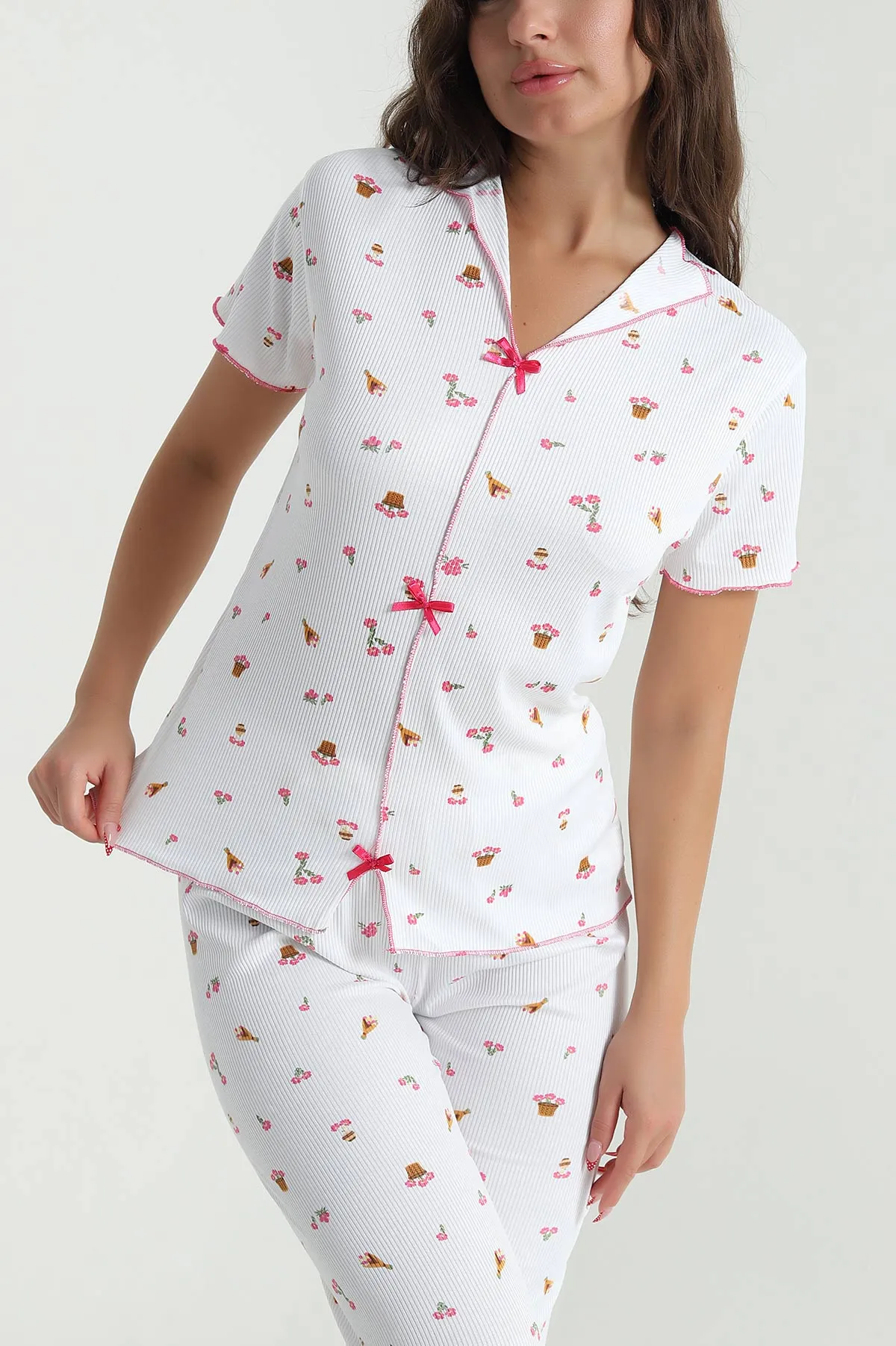 Fuşya Fiyonklu Kaşkorse Kadın Pijama Takımı 476189