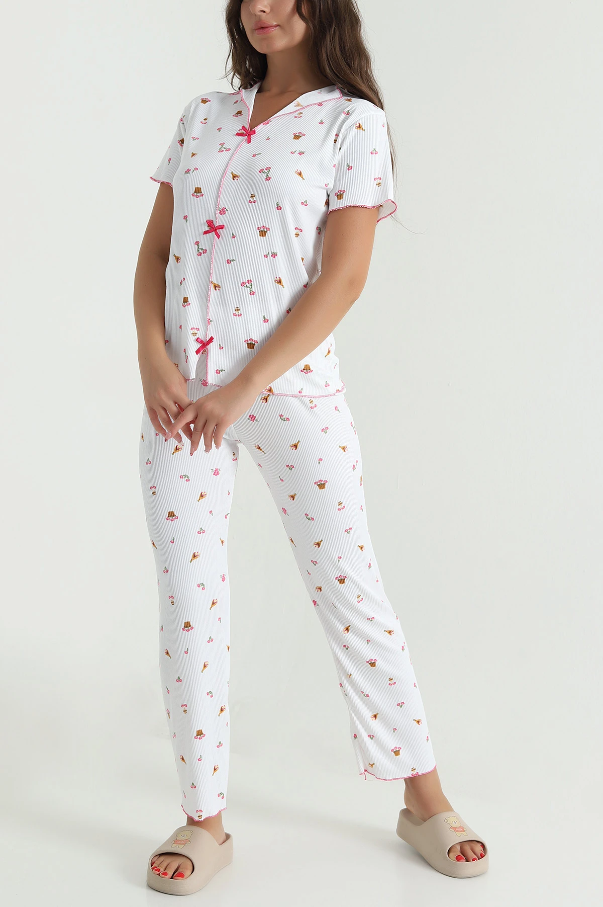 Fuşya Fiyonklu Kaşkorse Kadın Pijama Takımı 476189