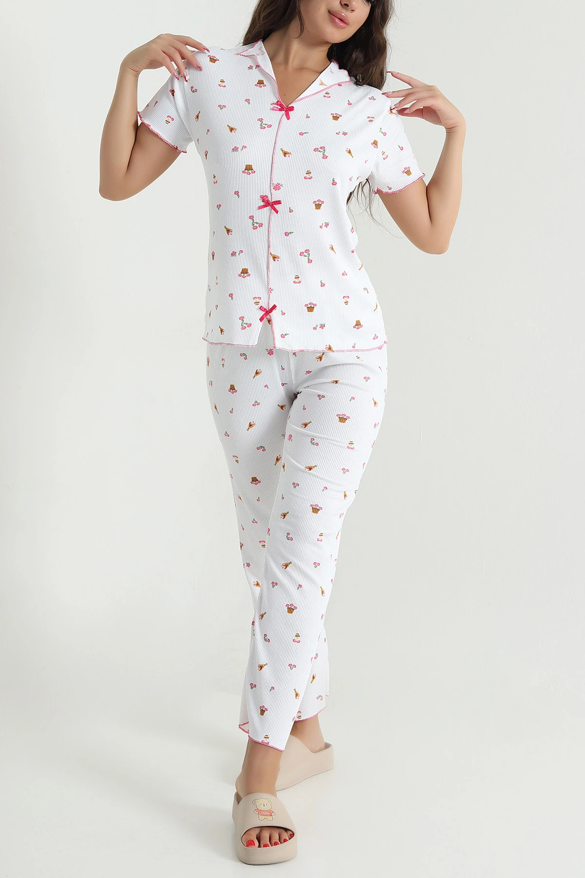 Fuşya Fiyonklu Kaşkorse Kadın Pijama Takımı 476189