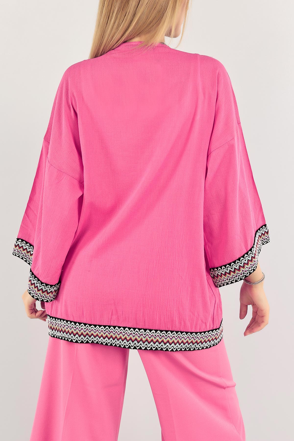 Fuşya Güpürlü Keten Kimono Hırka 115219