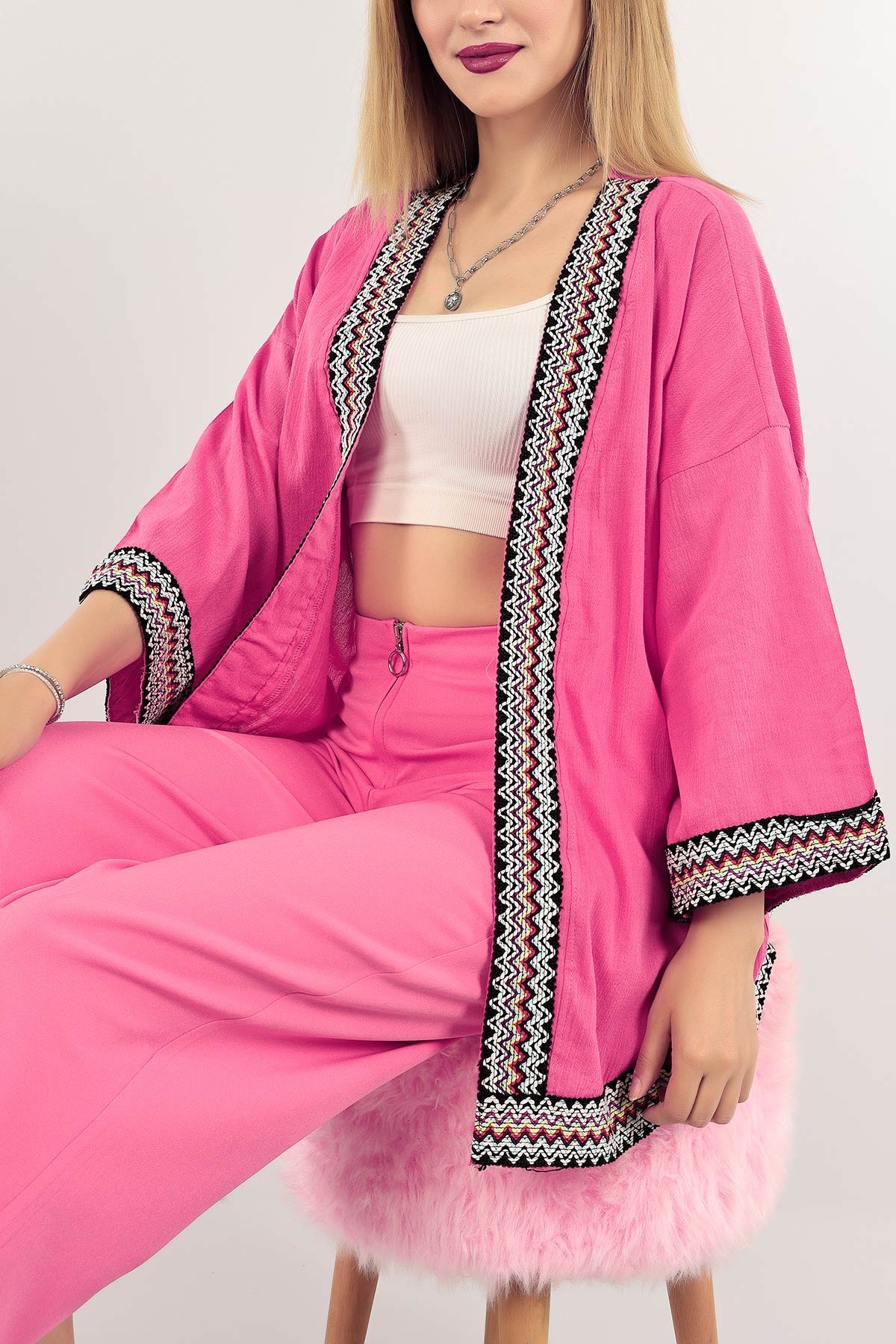 Fuşya Güpürlü Keten Kimono Hırka 115219