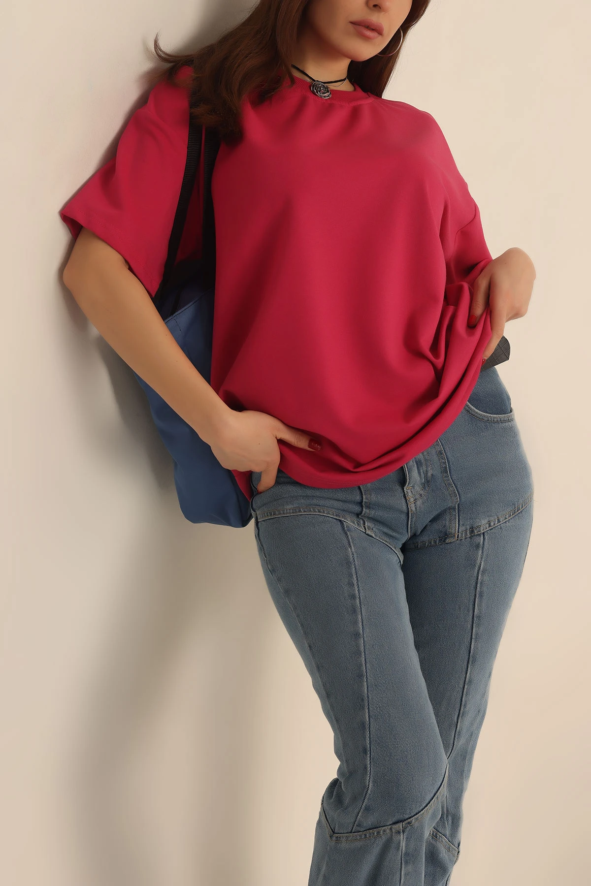 Fuşya İki İp Oversize Bayan Tişört 234379