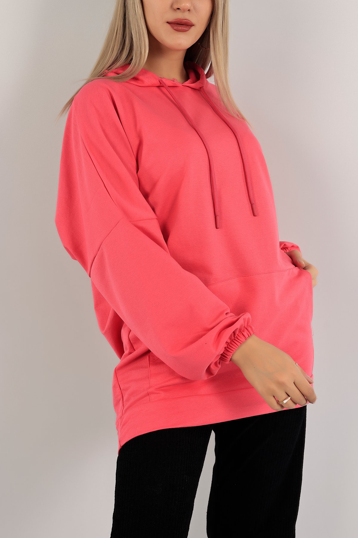 Fuşya Kapüşonlu Cepli İki İp Bayan Sweat Tunik 134979