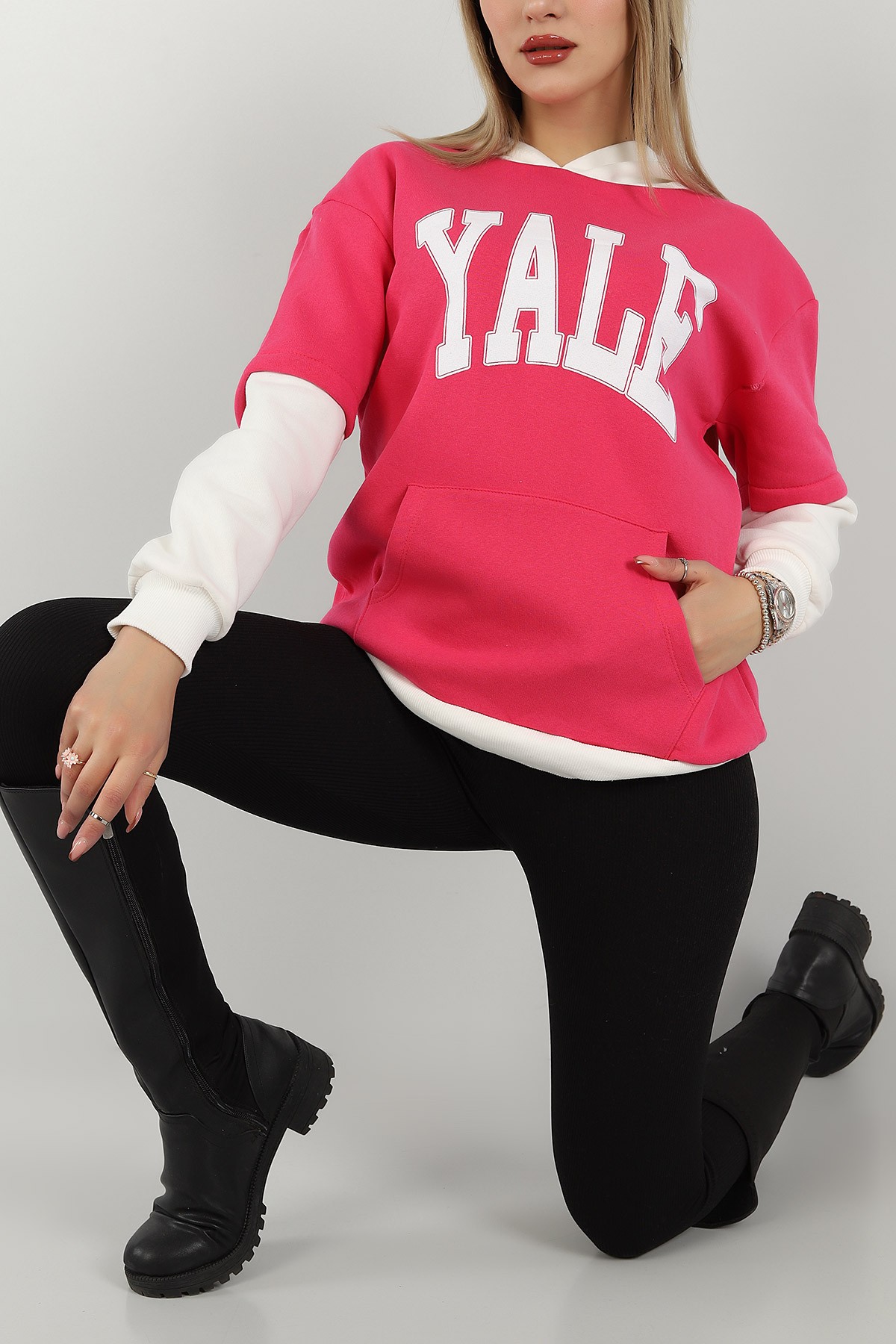 Fuşya Kapüşonlu İçi Şardonlu Bayan Sweat 145564