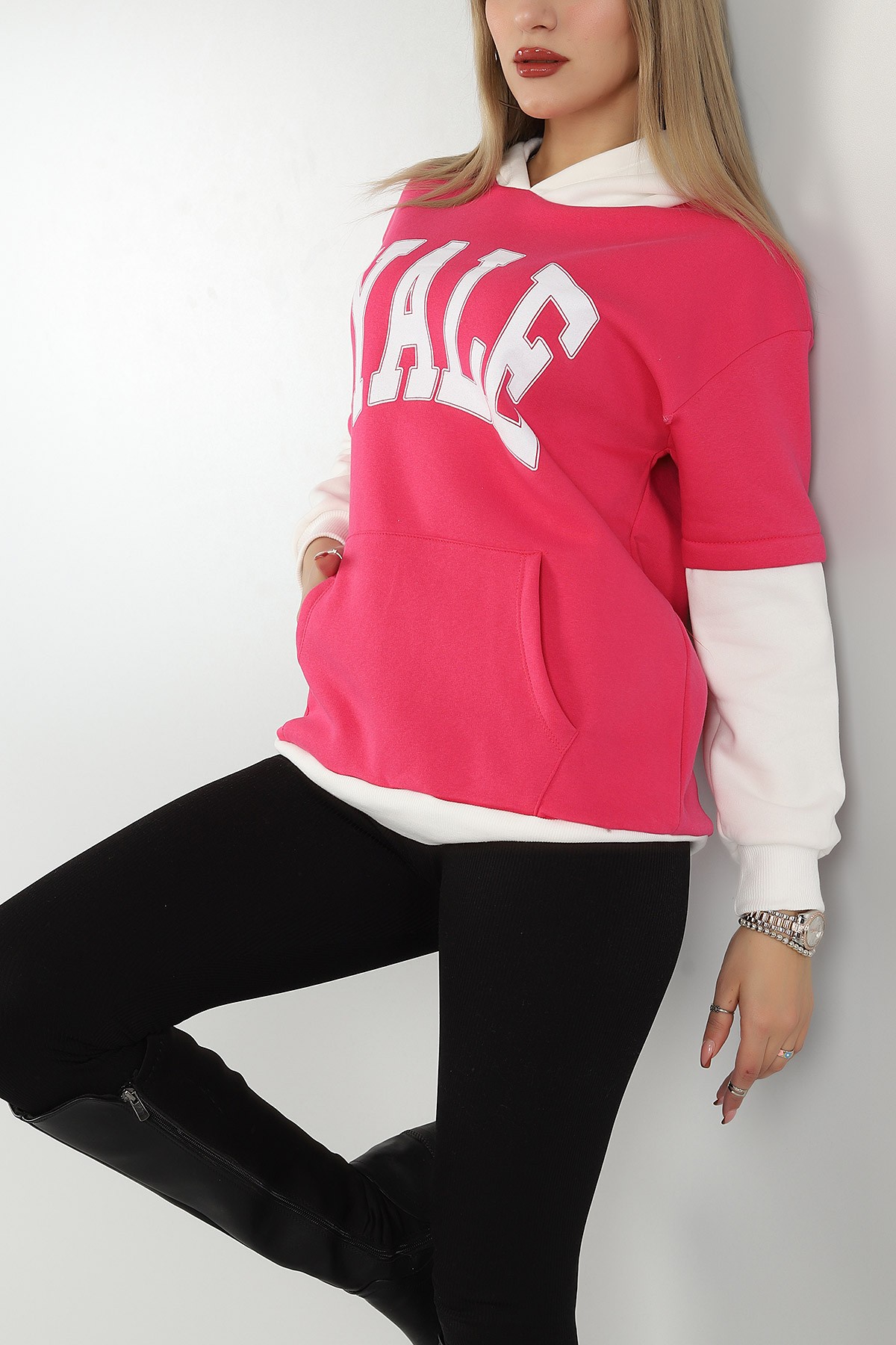 Fuşya Kapüşonlu İçi Şardonlu Bayan Sweat 145564