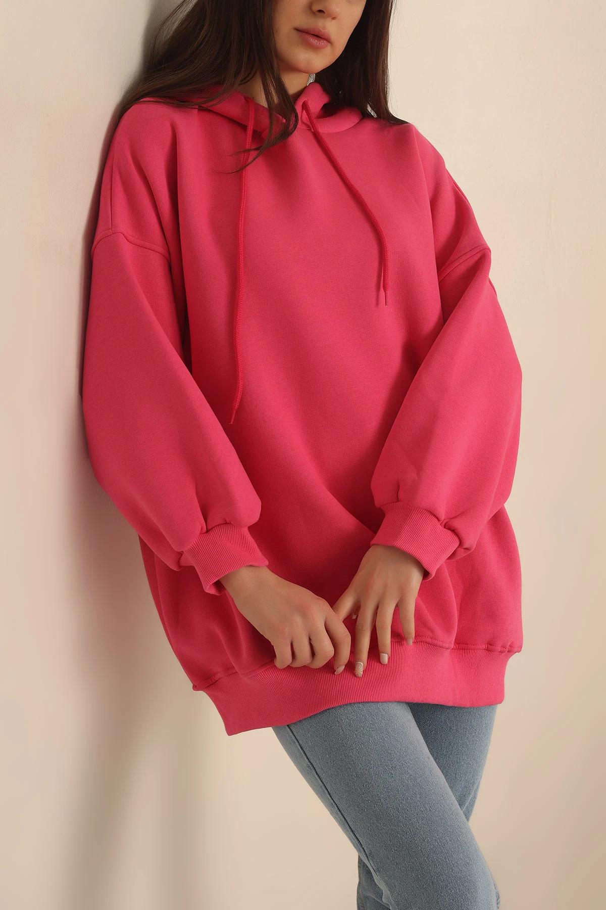 Fuşya Kapüşonlu İçi Şardonlu Oversize Sweat 229548