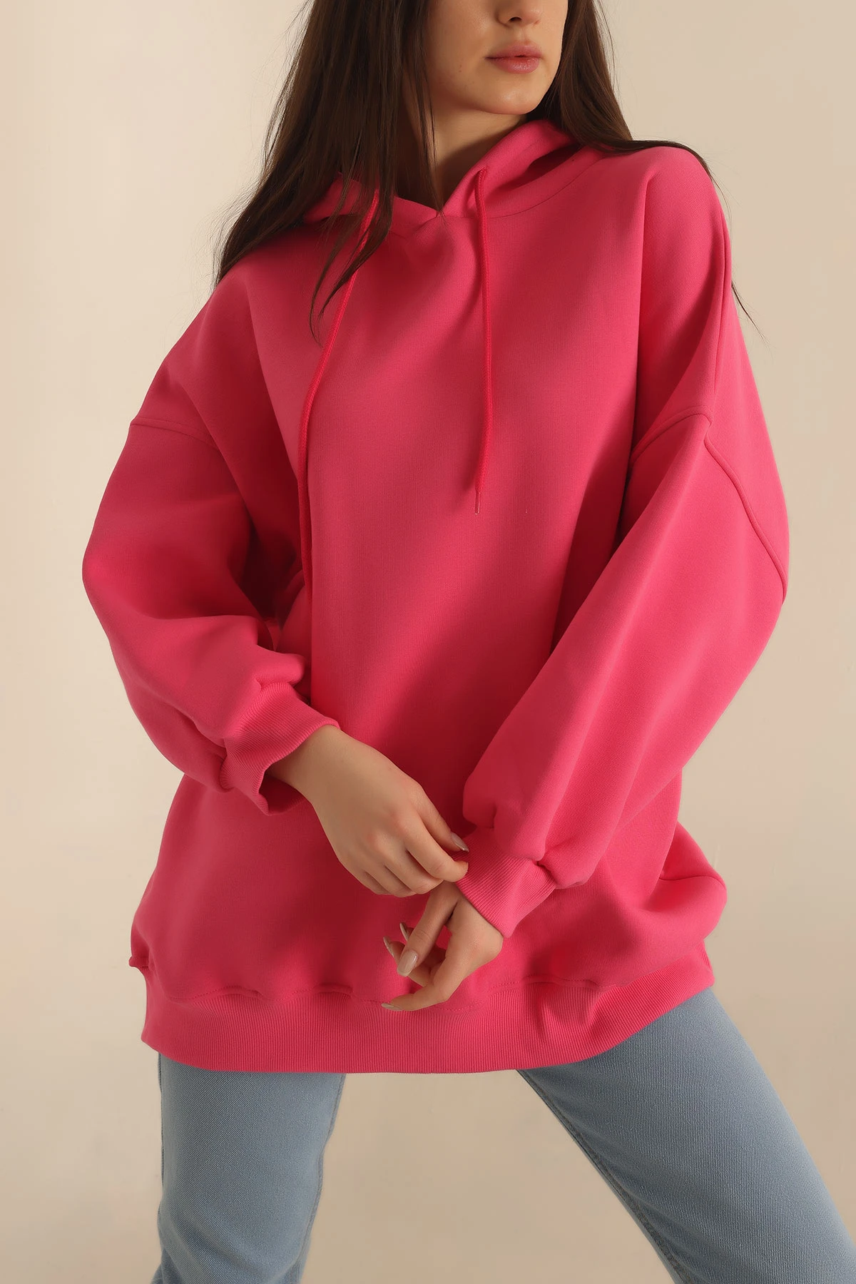 Fuşya Kapüşonlu İçi Şardonlu Oversize Sweat 229548