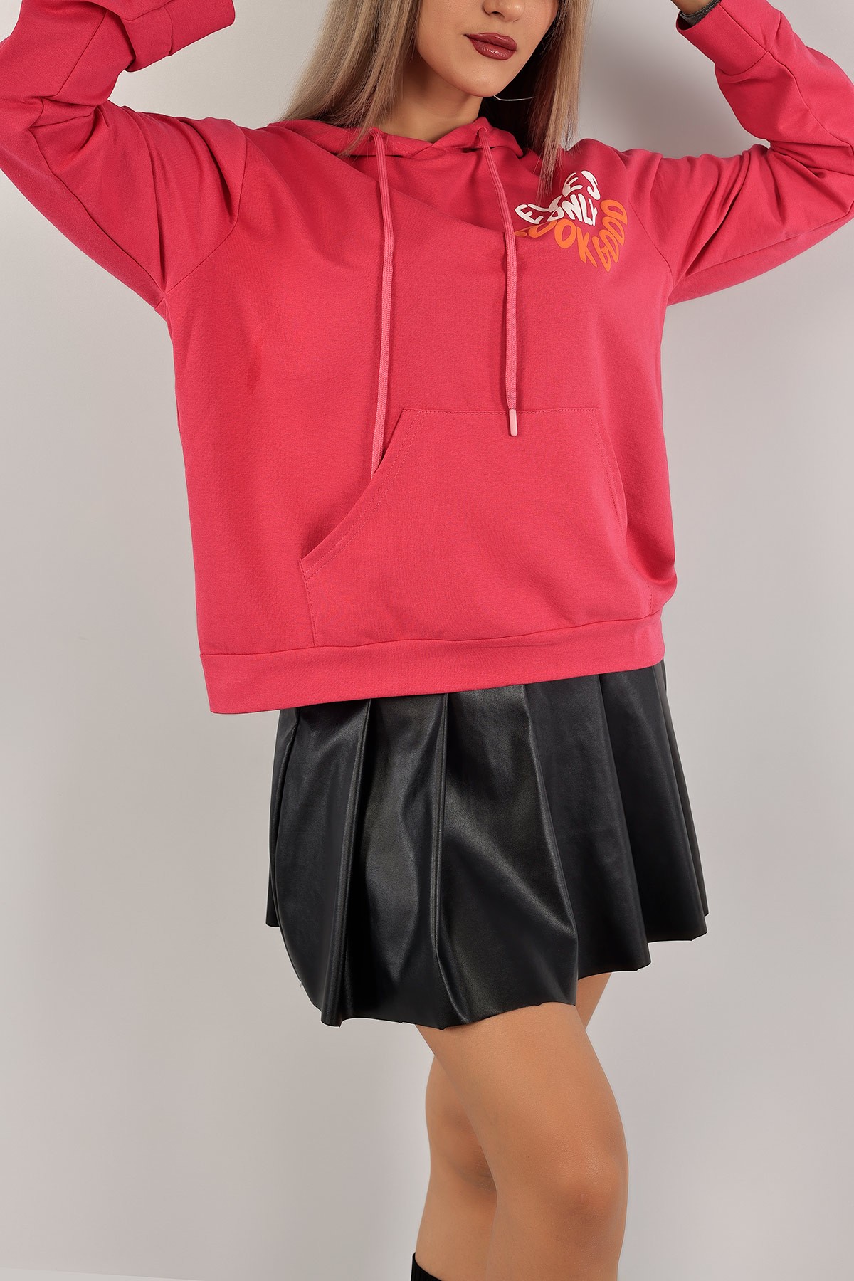 Fuşya Kapüşonlu İki İp Bayan Sweat 136603