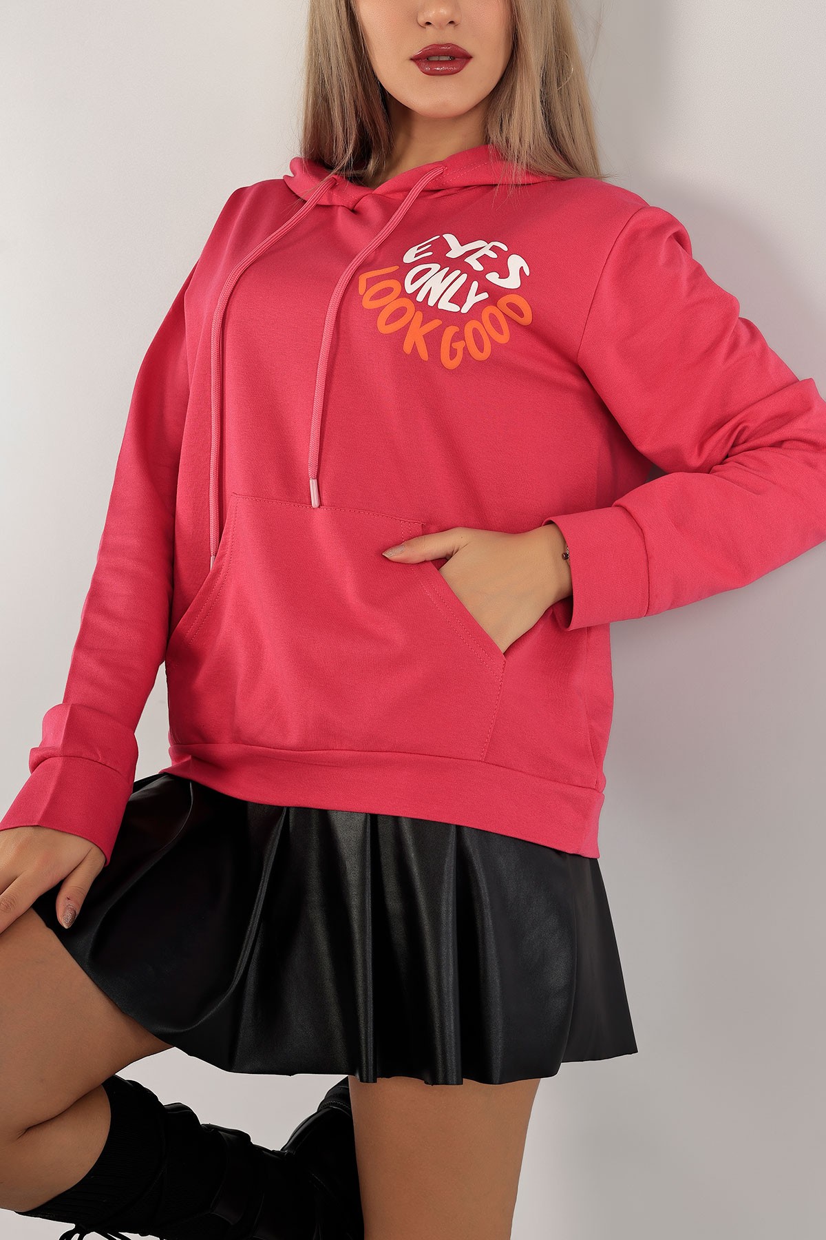 Fuşya Kapüşonlu İki İp Bayan Sweat 136603