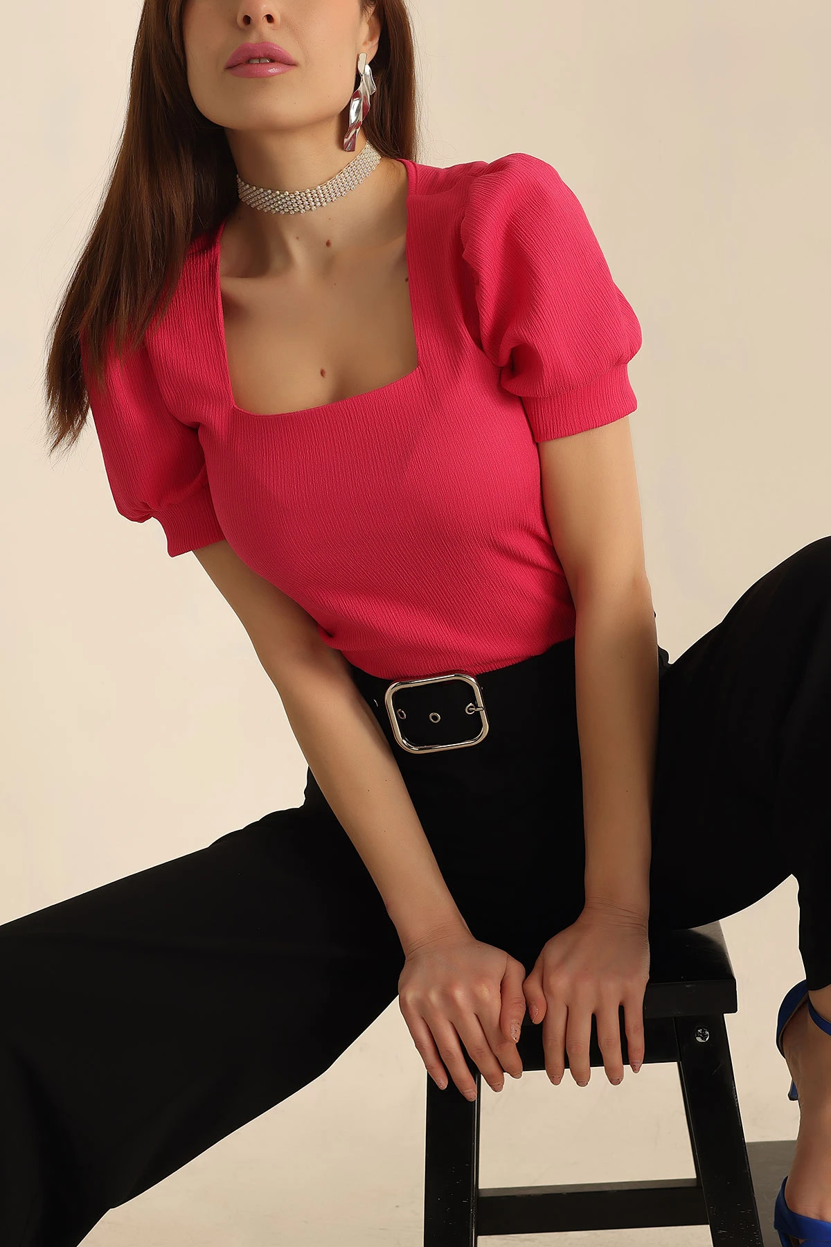 Fuşya Kare Yaka Krinkıl Bluz 245644