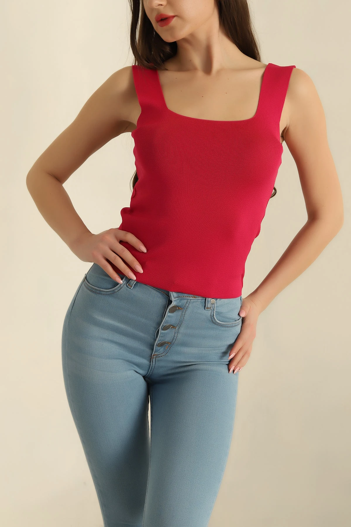 Fuşya Kare Yaka Polyemid Bluz 260374