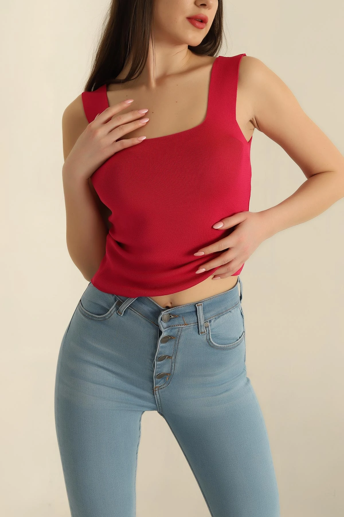 Fuşya Kare Yaka Polyemid Bluz 260374