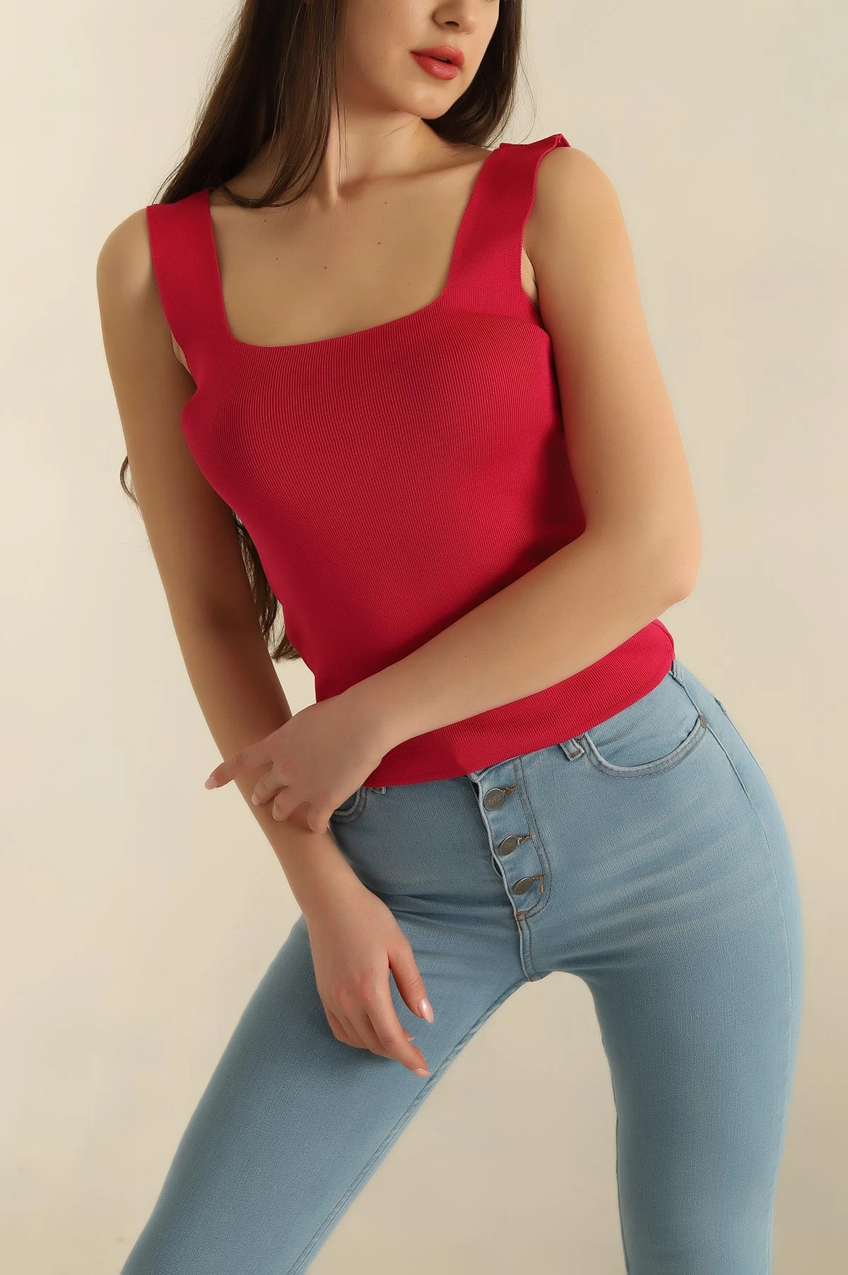 Fuşya Kare Yaka Polyemid Bluz 260374
