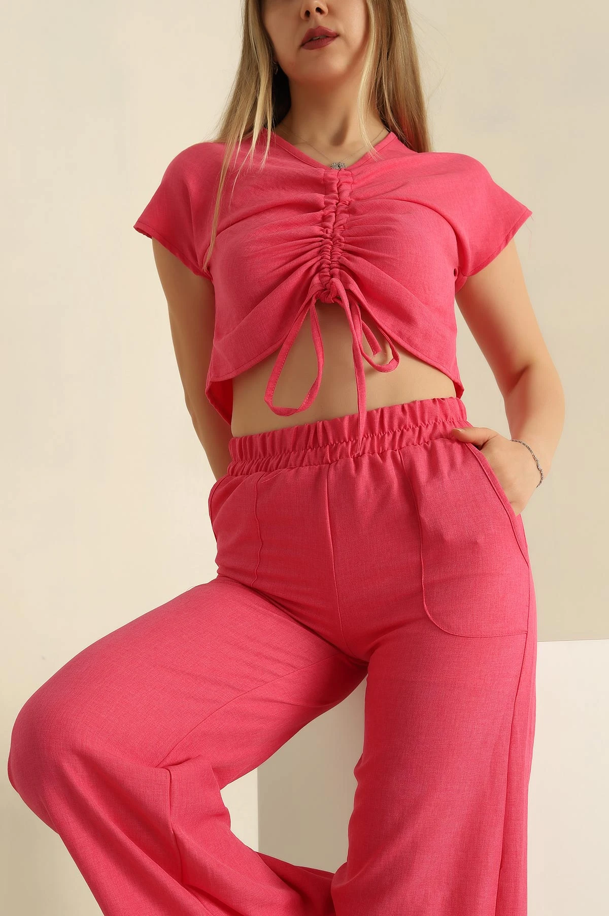 Fuşya Keten Büzgülü Bluz Pantolon Takım 259937