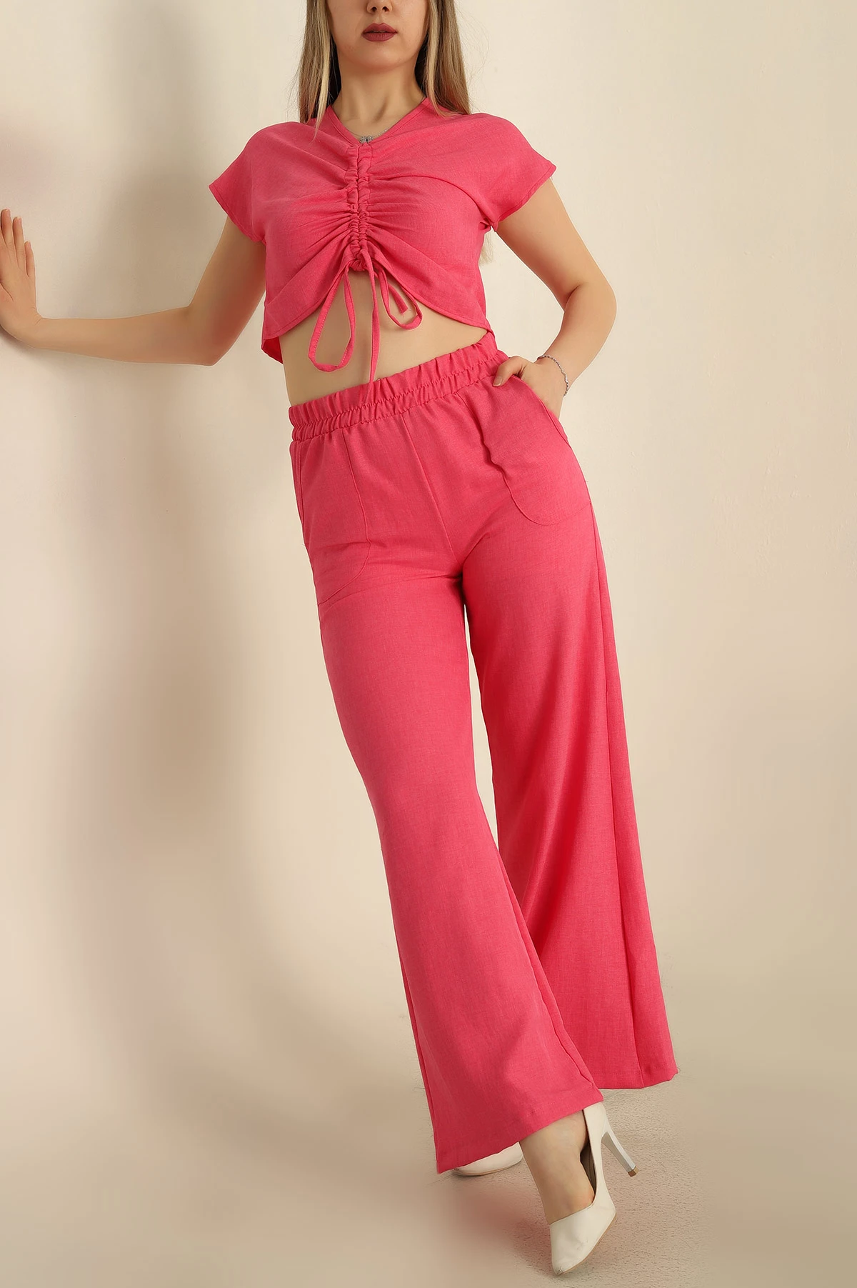 Fuşya Keten Büzgülü Bluz Pantolon Takım 259937
