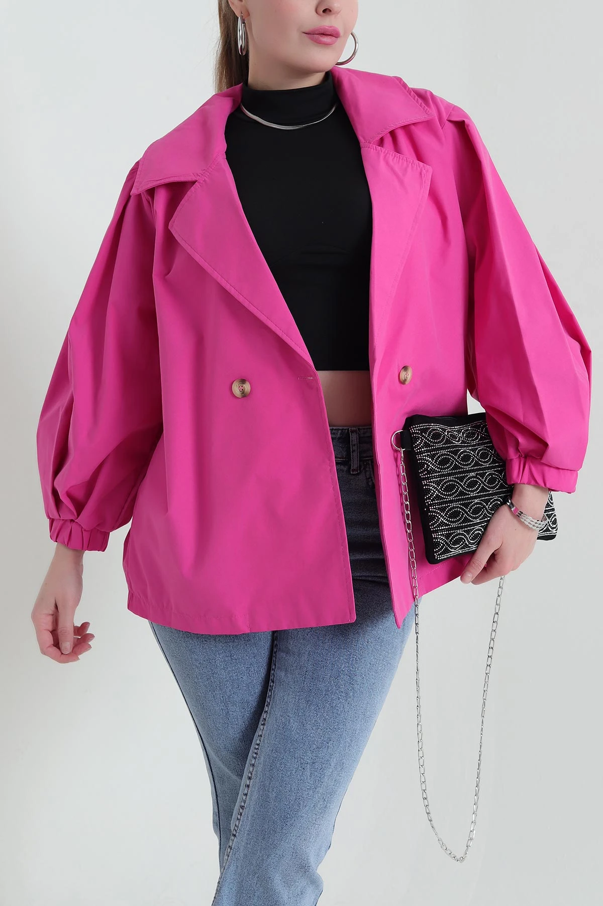Fuşya Kruvaze Yaka Oversize Trenç Kumaş Kadın Ceket 429807
