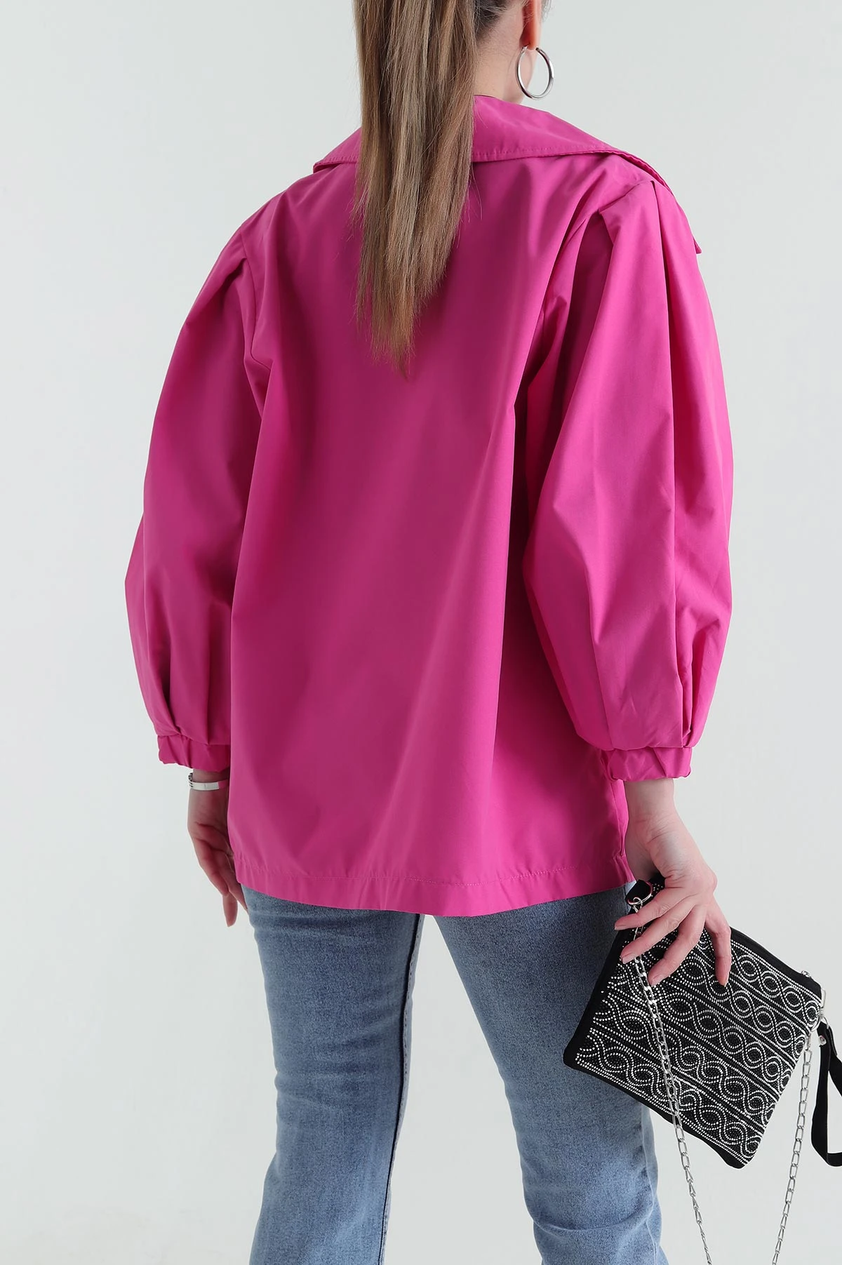 Fuşya Kruvaze Yaka Oversize Trenç Kumaş Kadın Ceket 429807