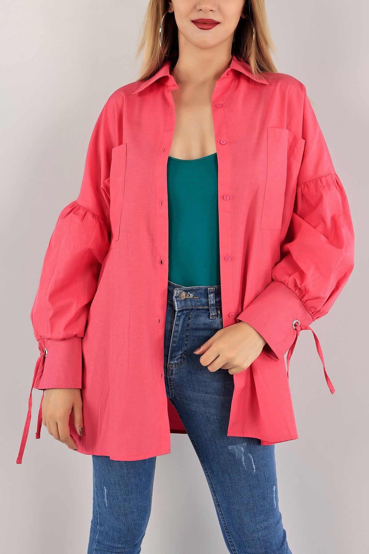 Fuşya Kuş Gözlü Poplin Kumaş Gömlek Tunik 115976