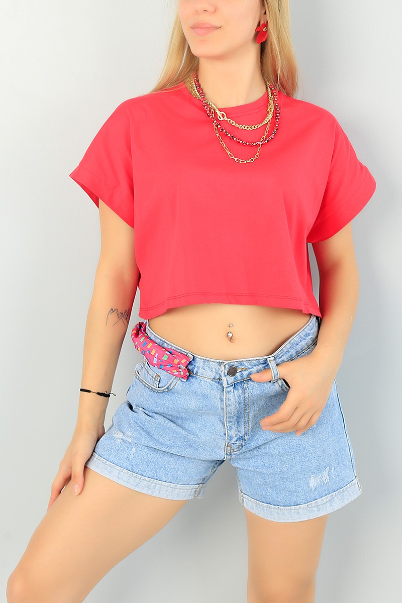 Fuşya Likralı Crop Bayan Tişört 65294
