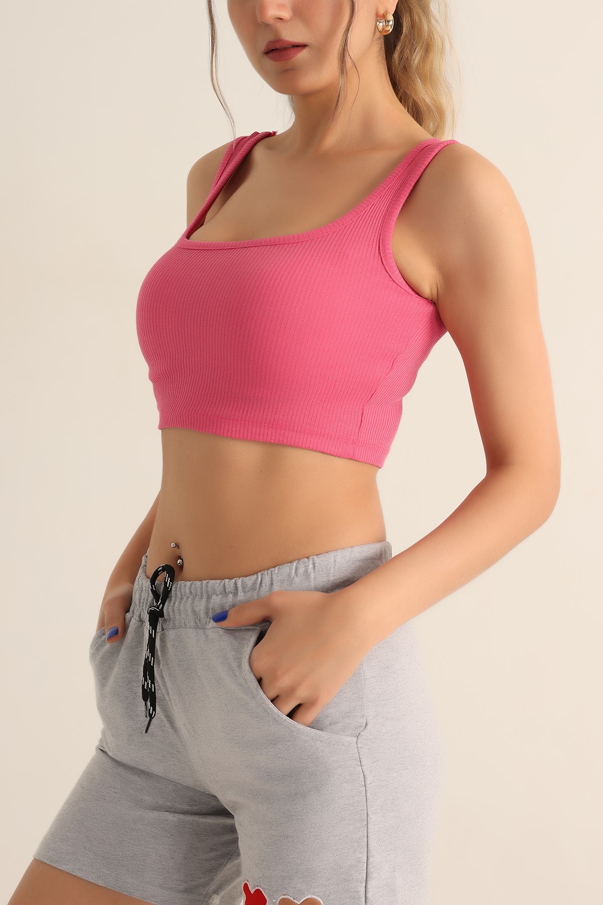 Fuşya Likralı Fitilli Crop Atlet 182494