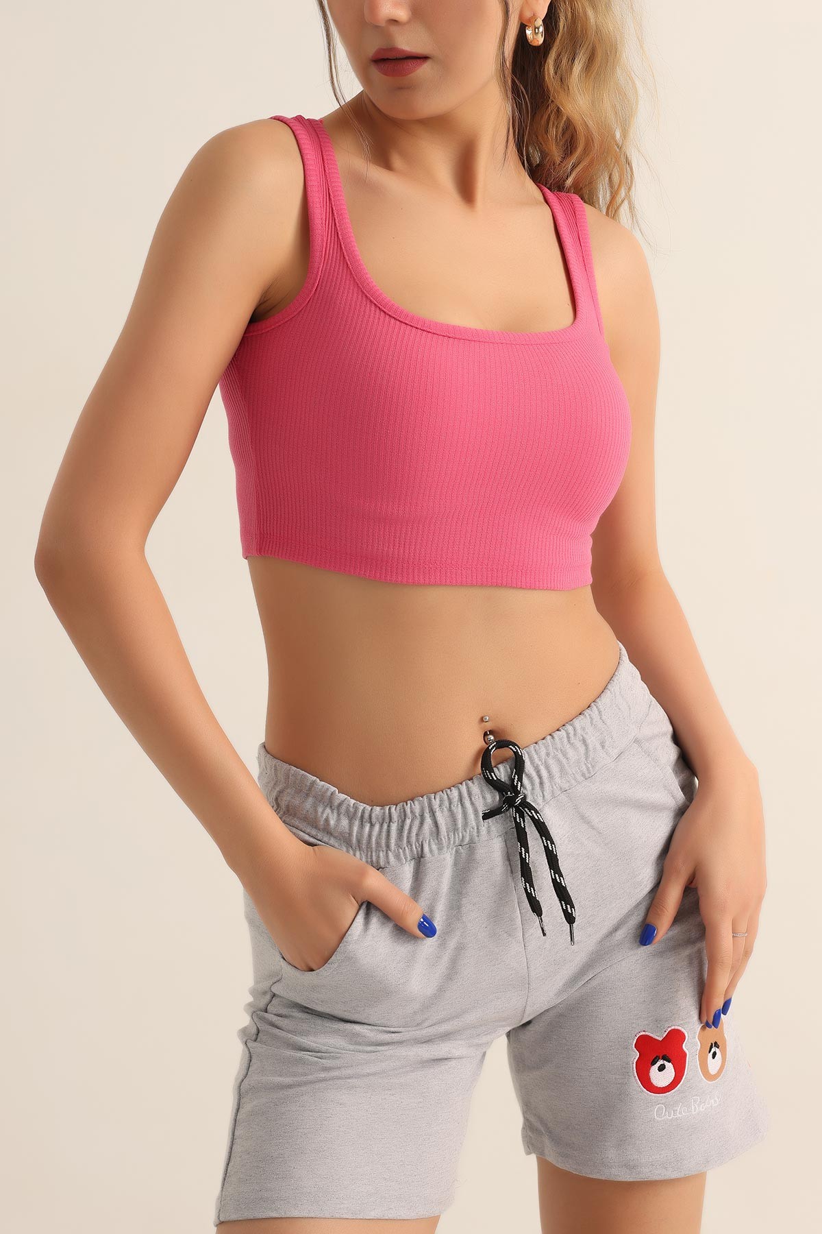 Fuşya Likralı Fitilli Crop Atlet 182494