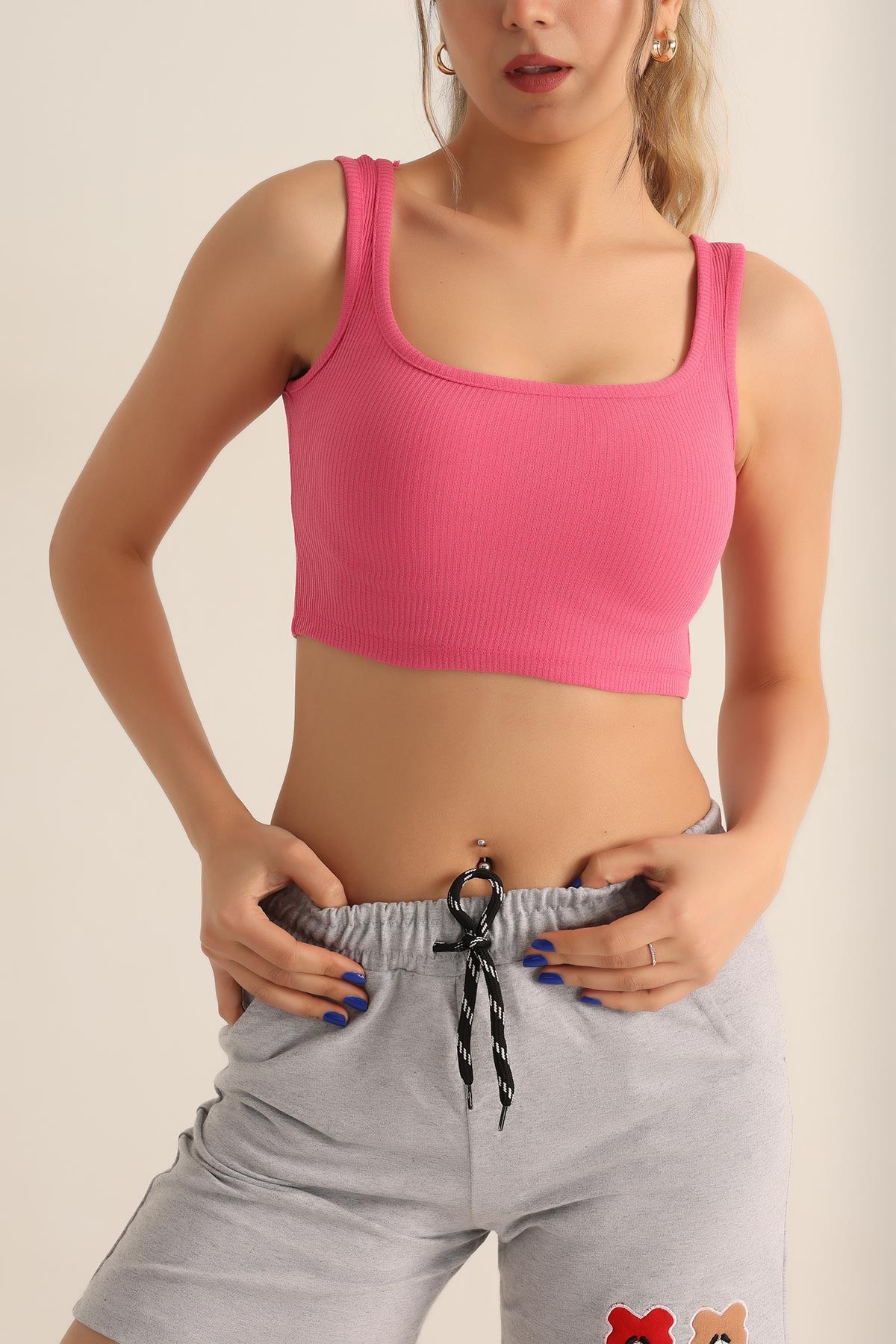 Fuşya Likralı Fitilli Crop Atlet 182494