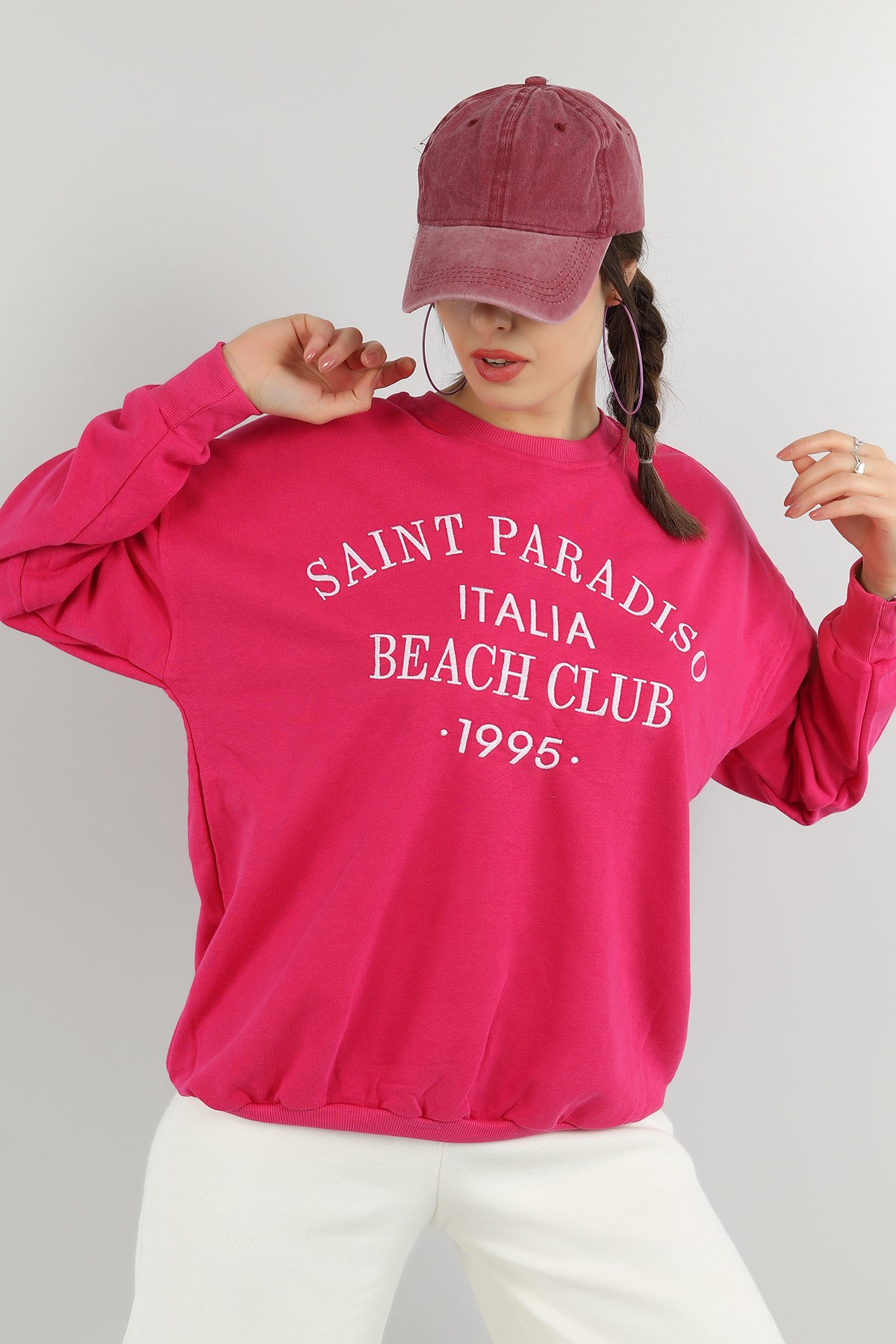 Fuşya Nakışlı Bayan Üç İp Sweat 148594