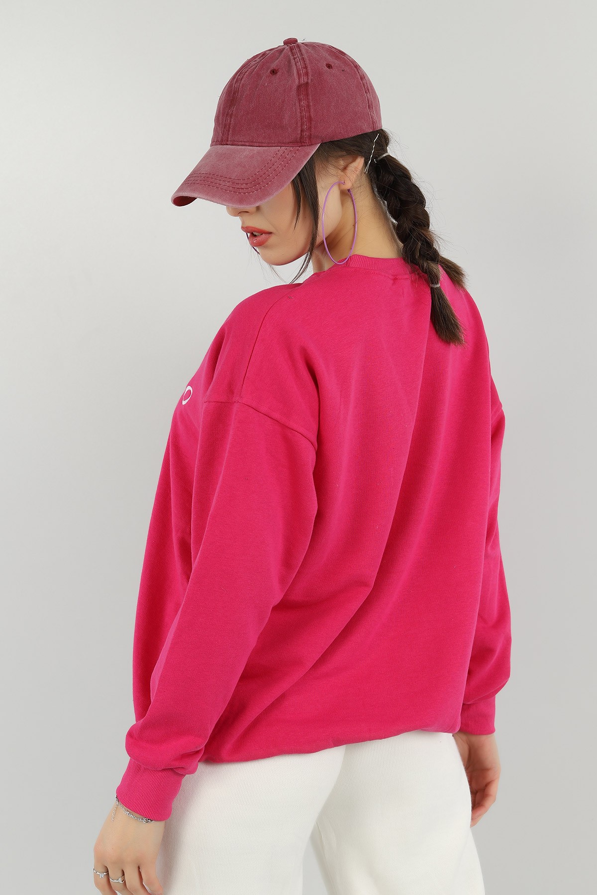 Fuşya Nakışlı Bayan Üç İp Sweat 148594