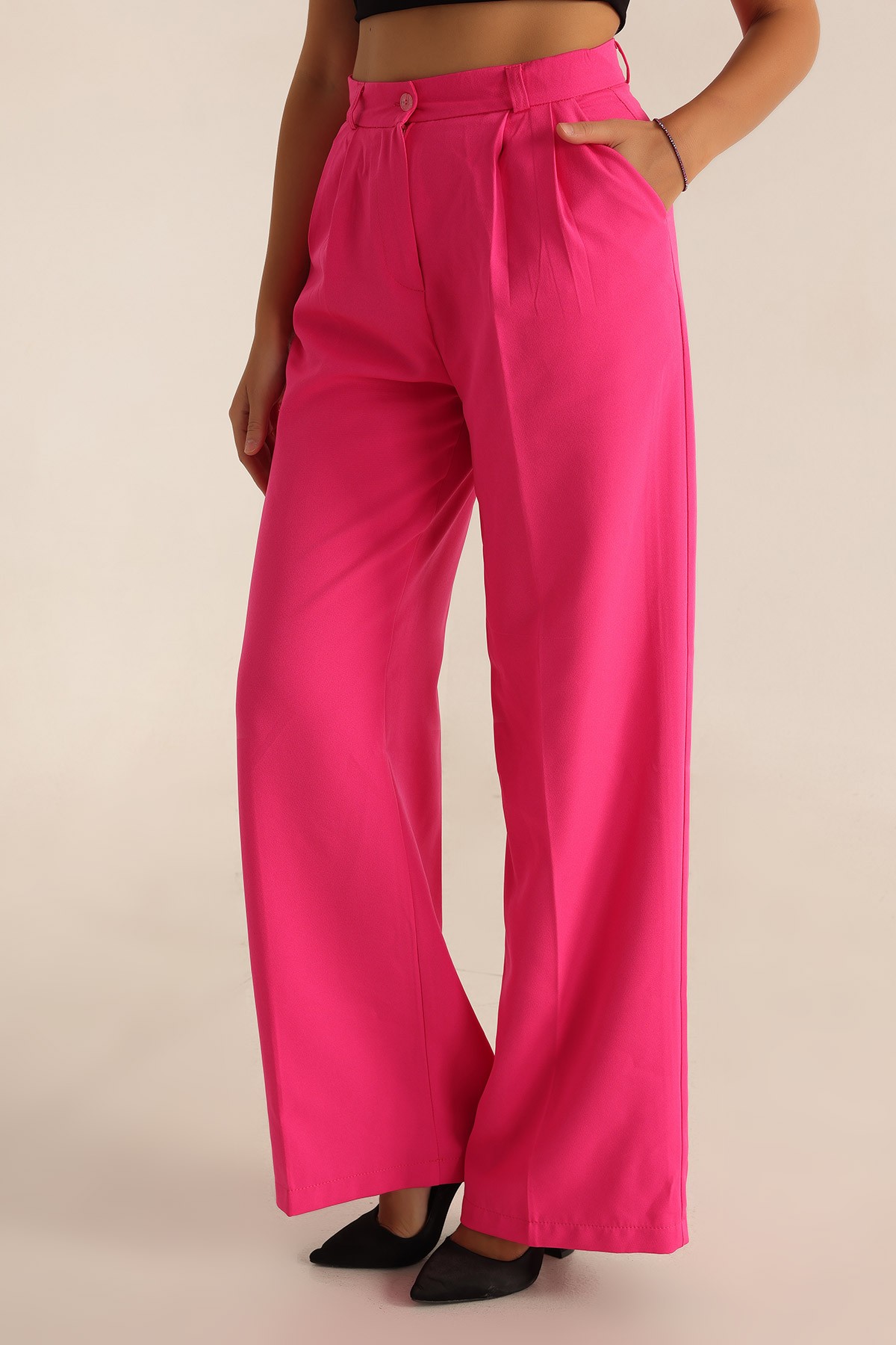 Fuşya Pileli Palazzo Bayan Pantalon 196247
