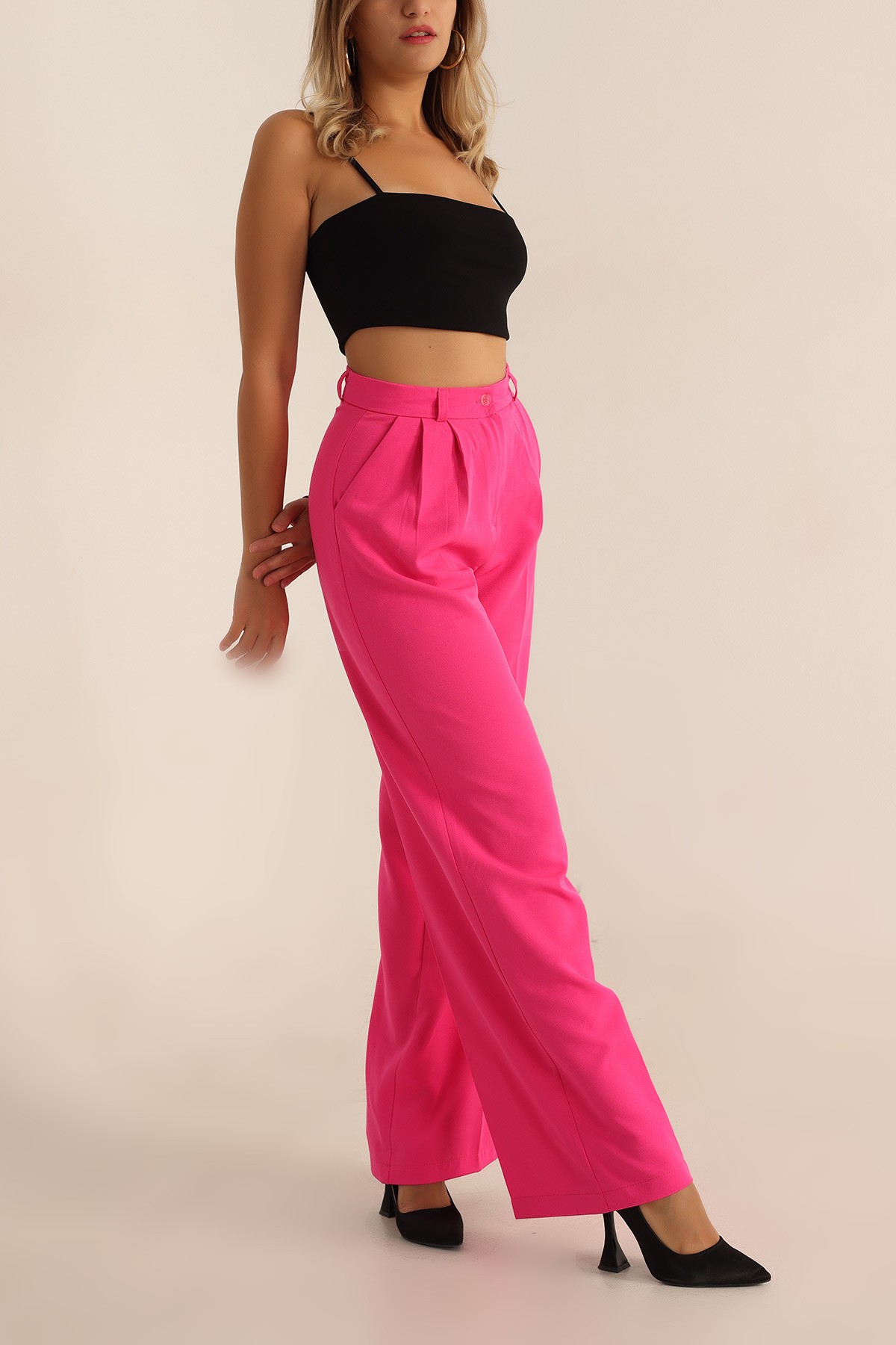 Fuşya Pileli Palazzo Bayan Pantalon 196247