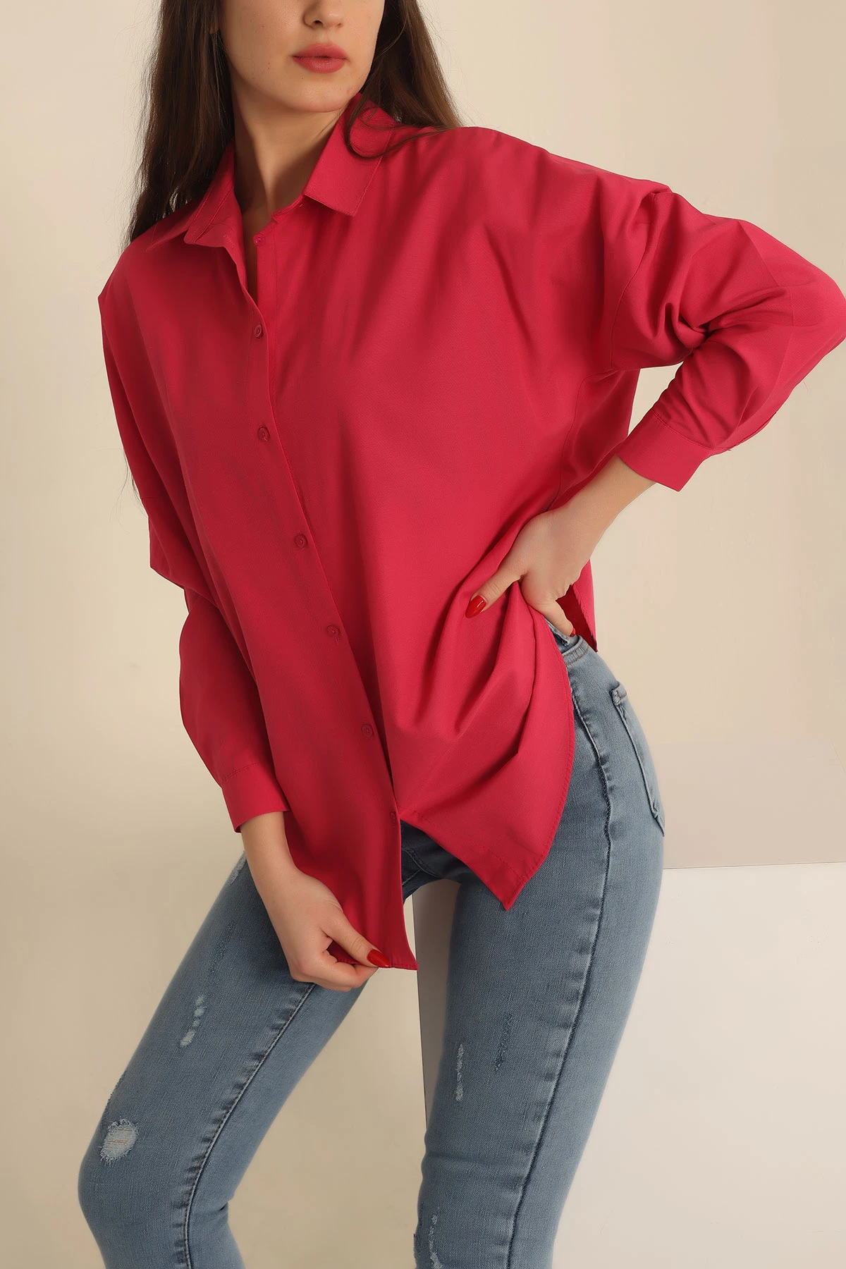 Fuşya Poplin Dokuma Bayan Gömlek 234855