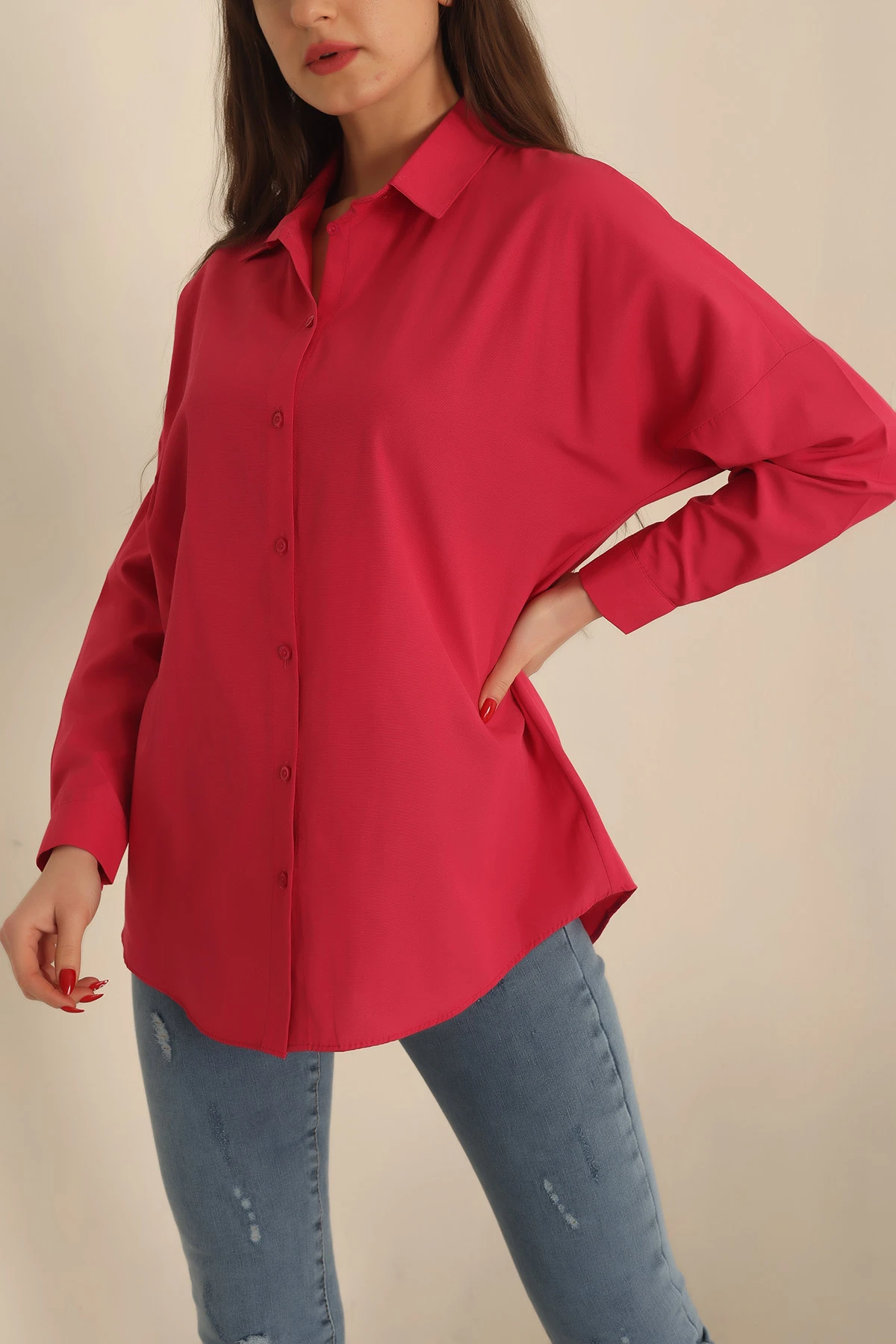 Fuşya Poplin Dokuma Bayan Gömlek 234855