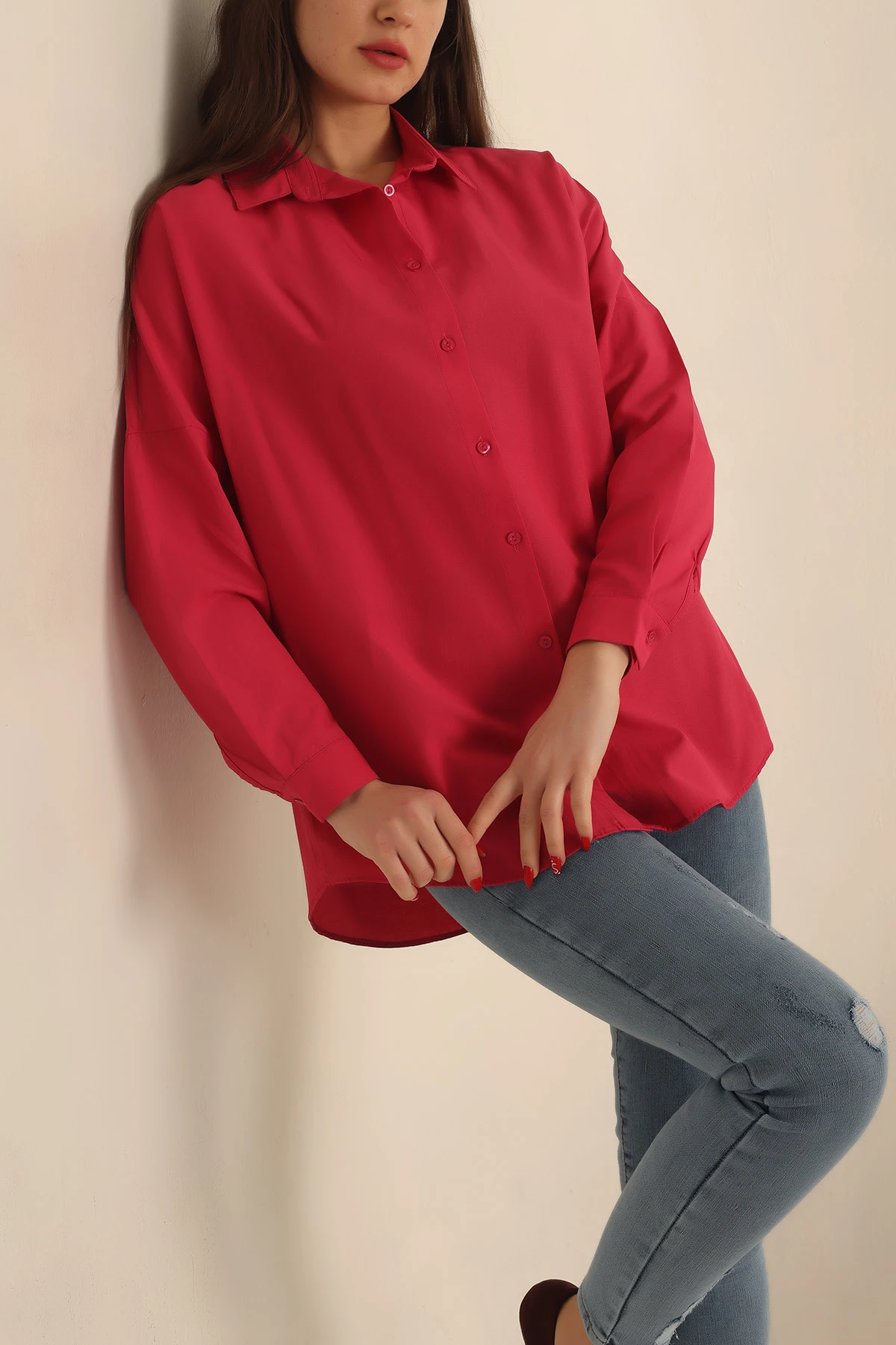 Fuşya Poplin Dokuma Bayan Gömlek 234855