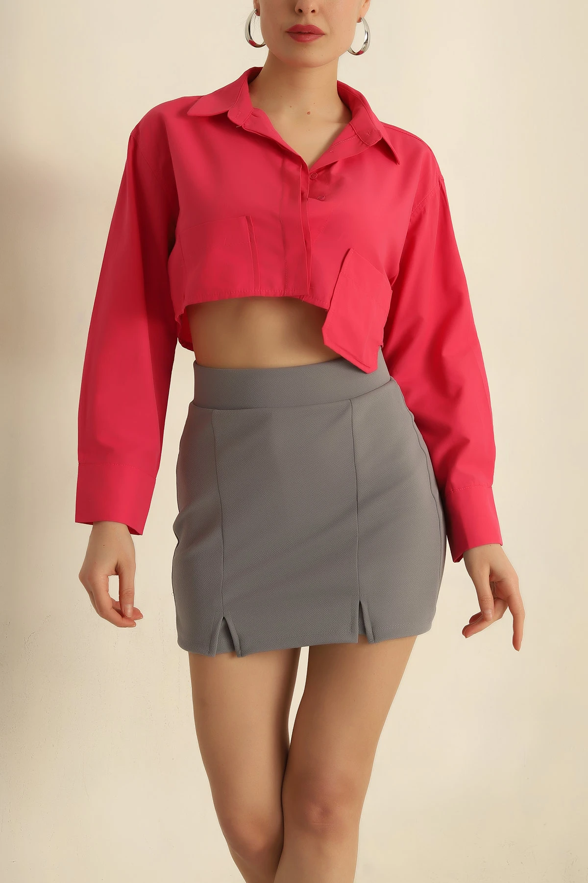Fuşya Poplin Kumaş Cepli Crop Gömlek 255668
