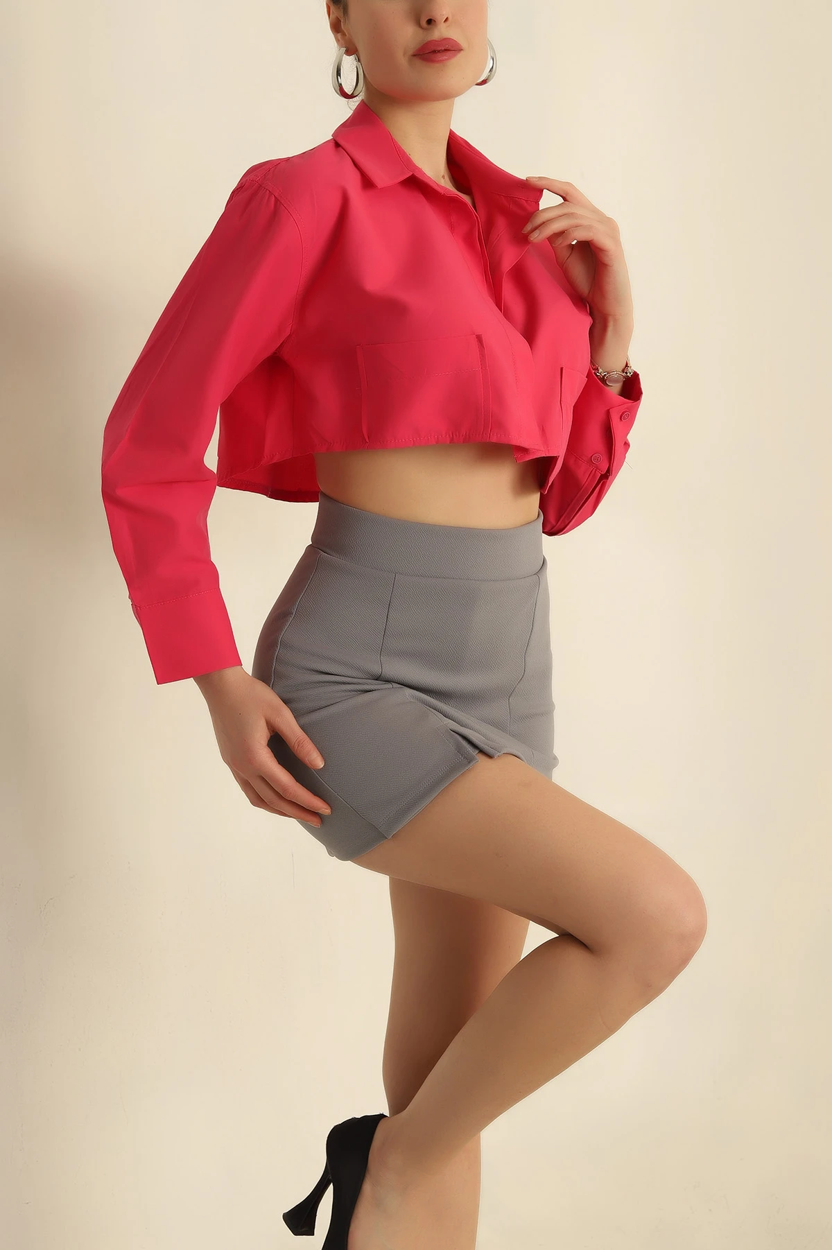 Fuşya Poplin Kumaş Cepli Crop Gömlek 255668