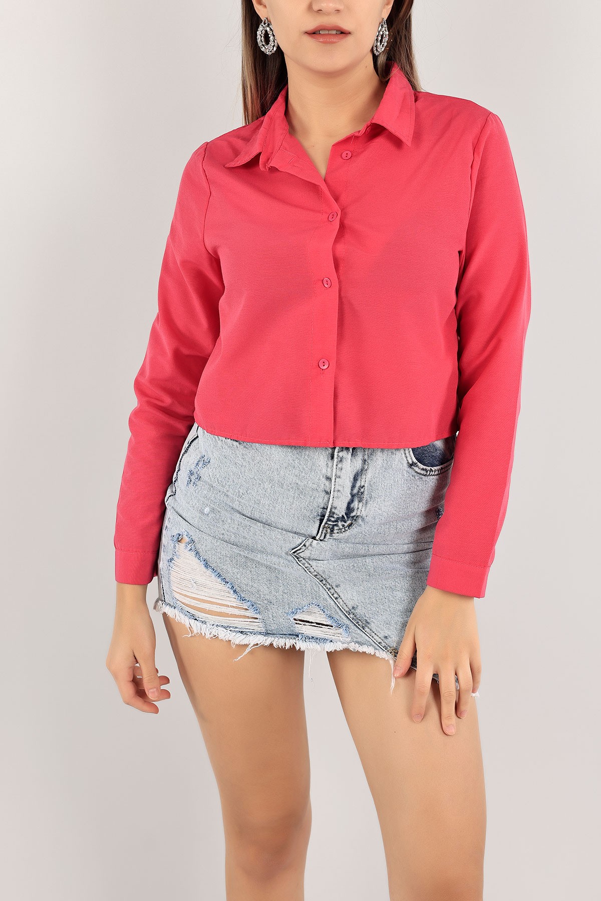Fuşya Poplin Kumaş Crop Gömlek 118863