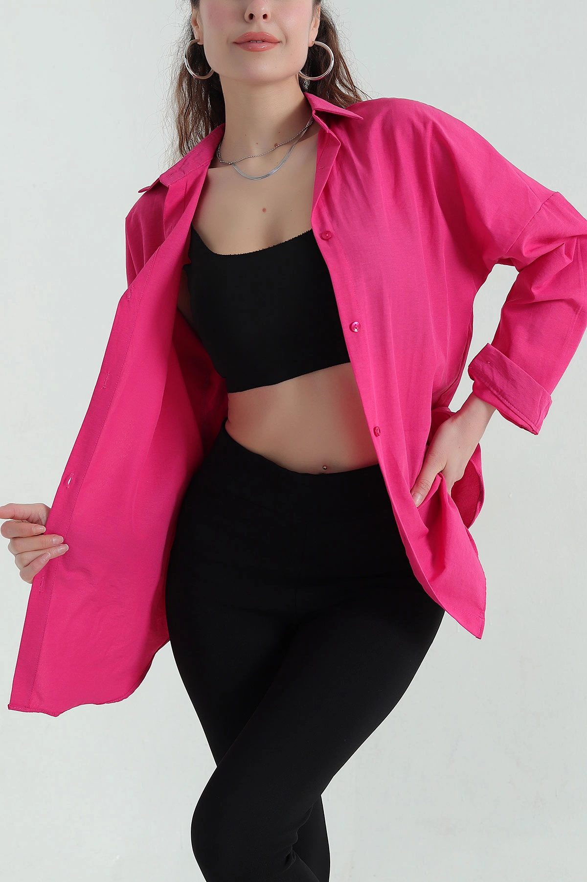 Fuşya Poplin Kumaş Kadın Gömlek Tunik 360097