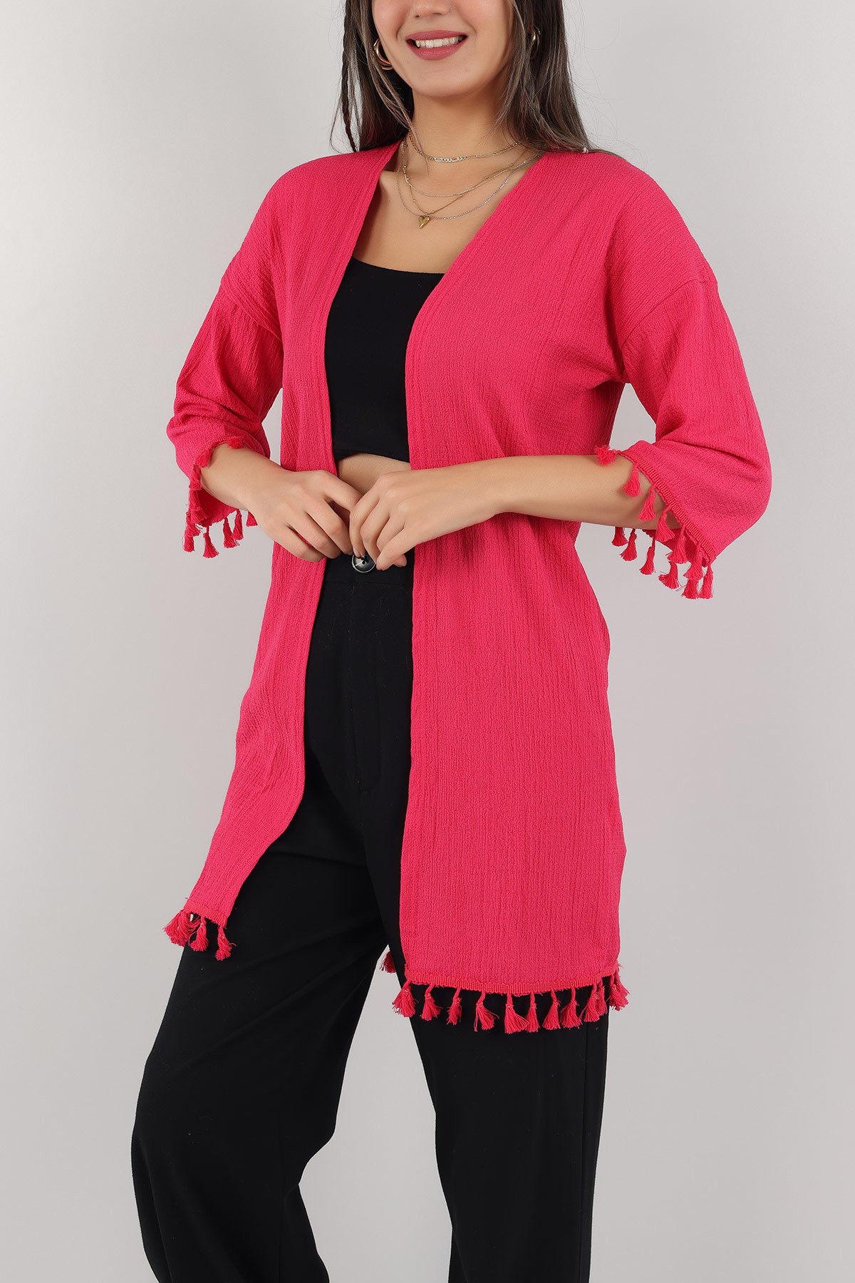 Fuşya Püskül Tasarım Krinkıl Kimono Hırka 150533