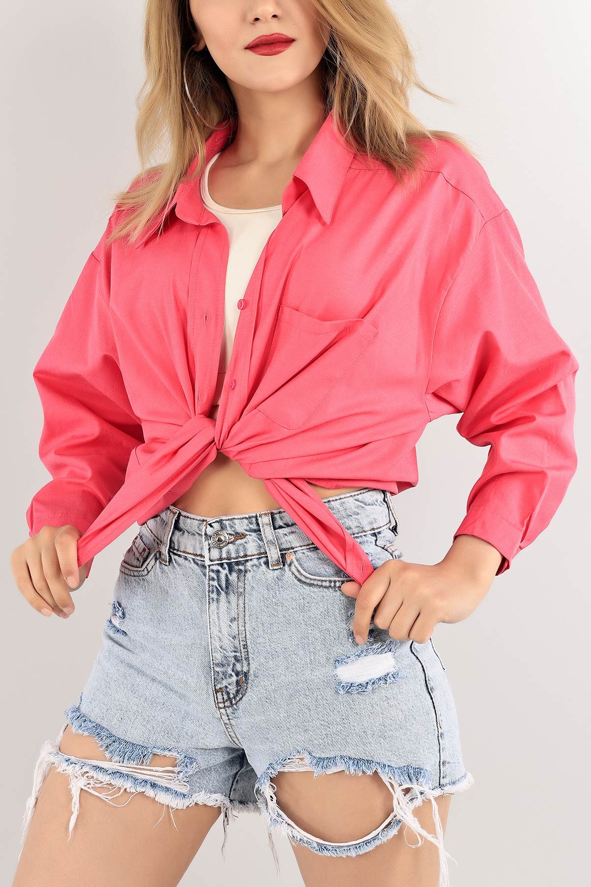 Fuşya Salaş Poplin Bayan Gömlek 113572