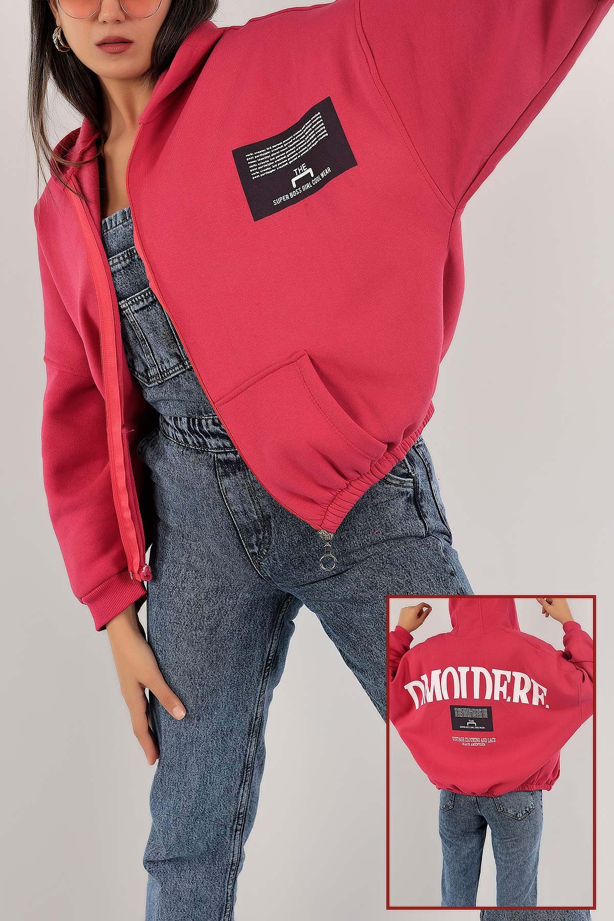 Fuşya Şardonlu Bayan Fermuarlı Sweat 132390