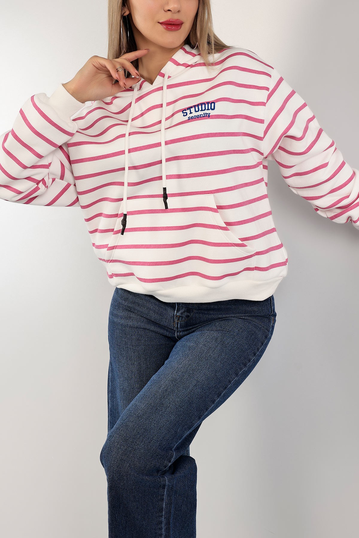 Fuşya Şardonlu Kapüşonlu Bayan Sweat 142366