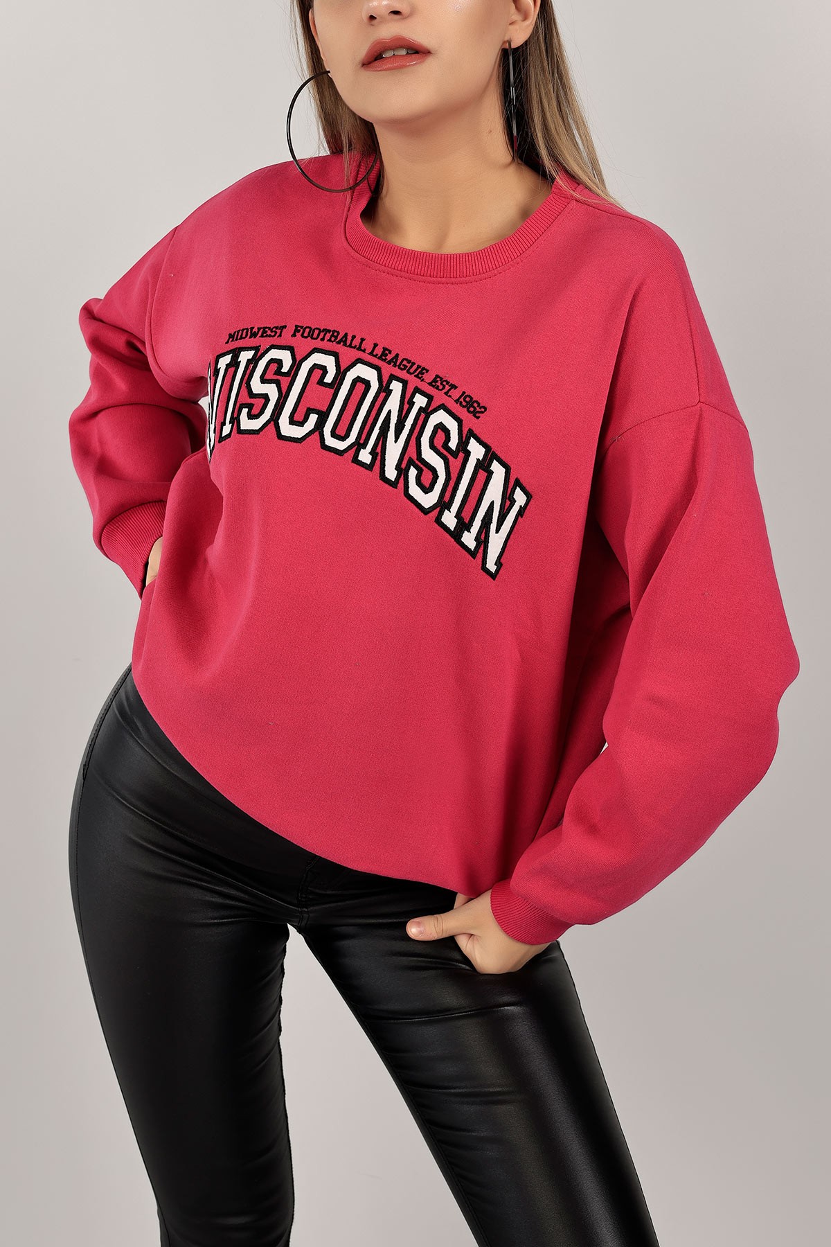 Fuşya Şardonlu Nakışlı Bayan Sweat 143464