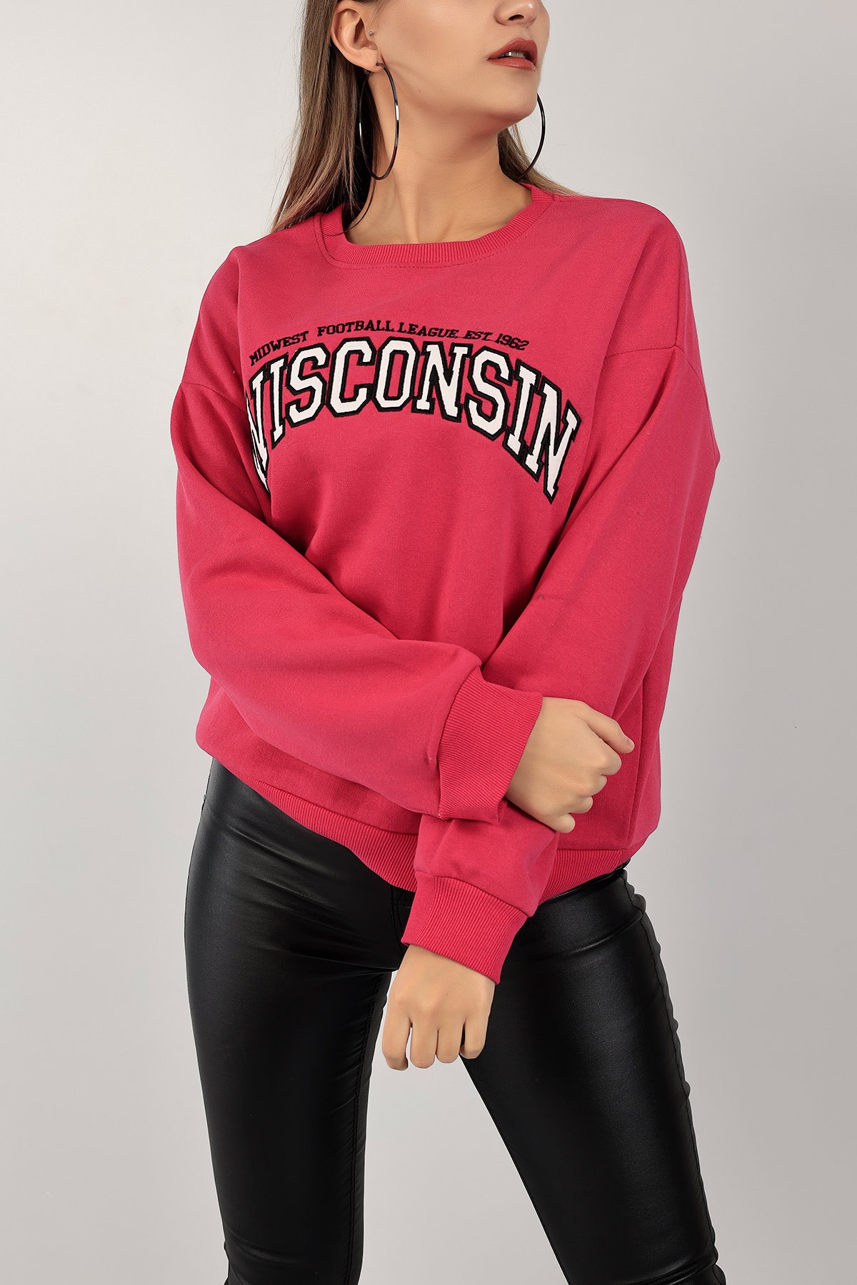 Fuşya Şardonlu Nakışlı Bayan Sweat 143464