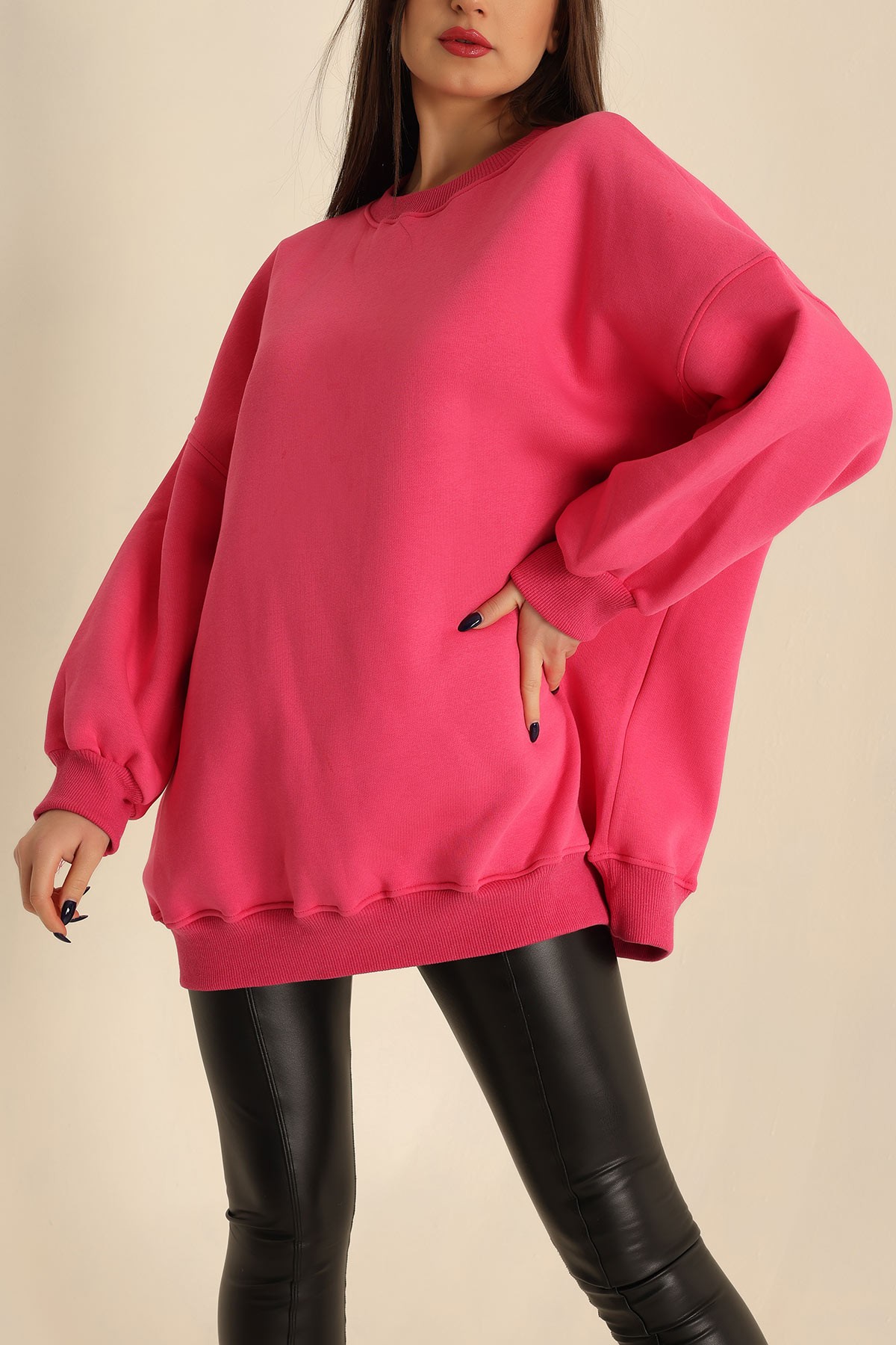 Fuşya Şardonlu Oversize Sweat Tunik 222621