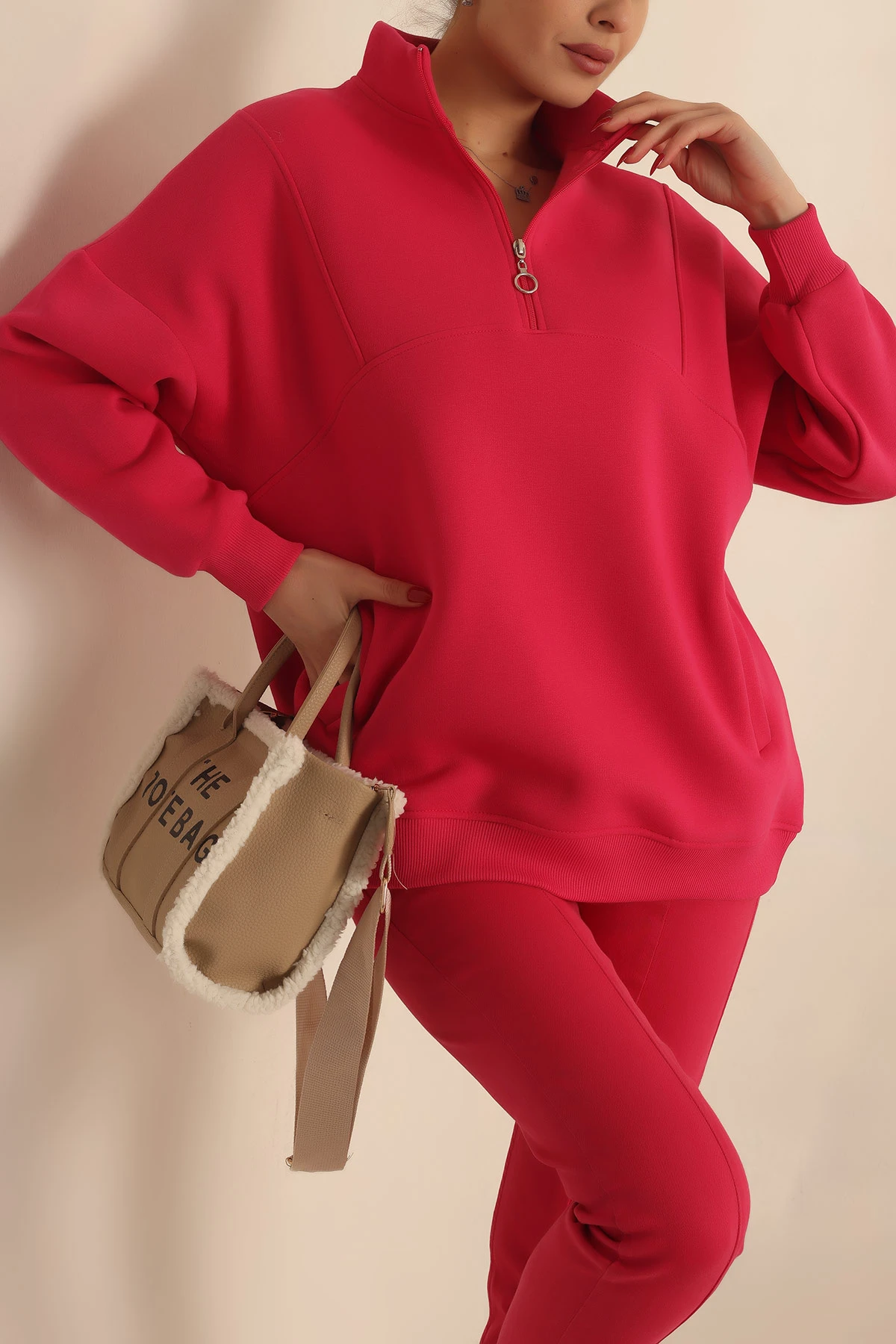 Fuşya Şardonlu Yarım Fermuar Oversize Sweat 229543