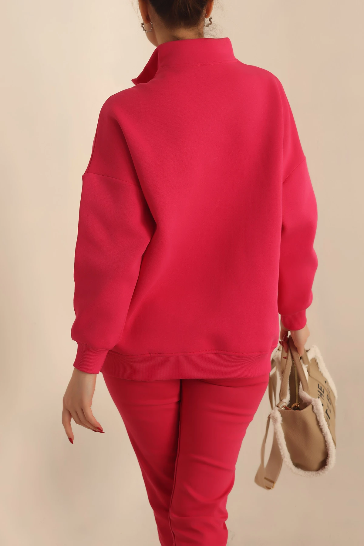 Fuşya Şardonlu Yarım Fermuar Oversize Sweat 229543